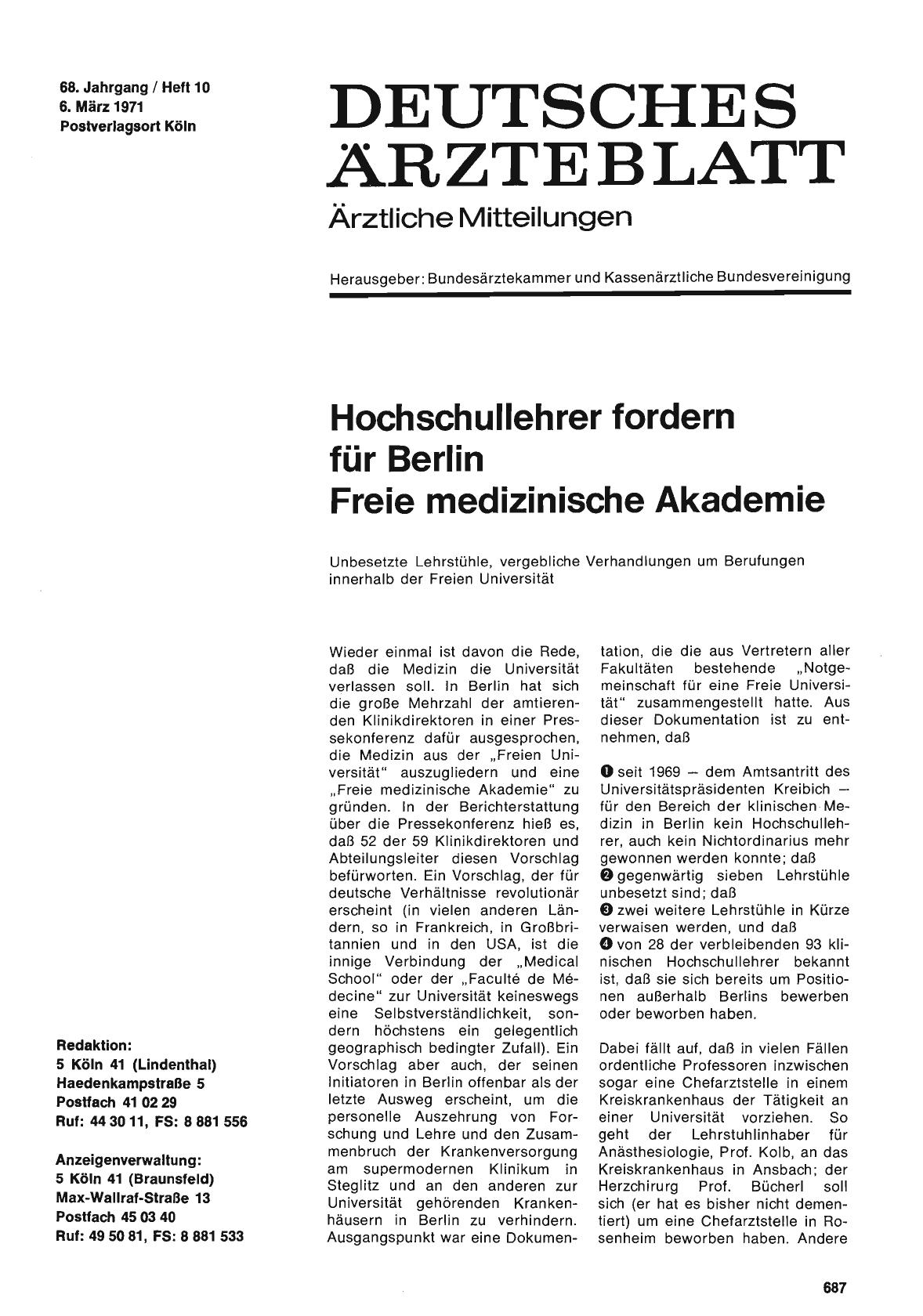 Vorschauseite 1: Hochschullehrer fordern für Berlin Freie medizinische Akademie: Unbesetzte Lehrstühle, vergebliche Verhandlungen um Berufungen innerhalb der Freien Universität