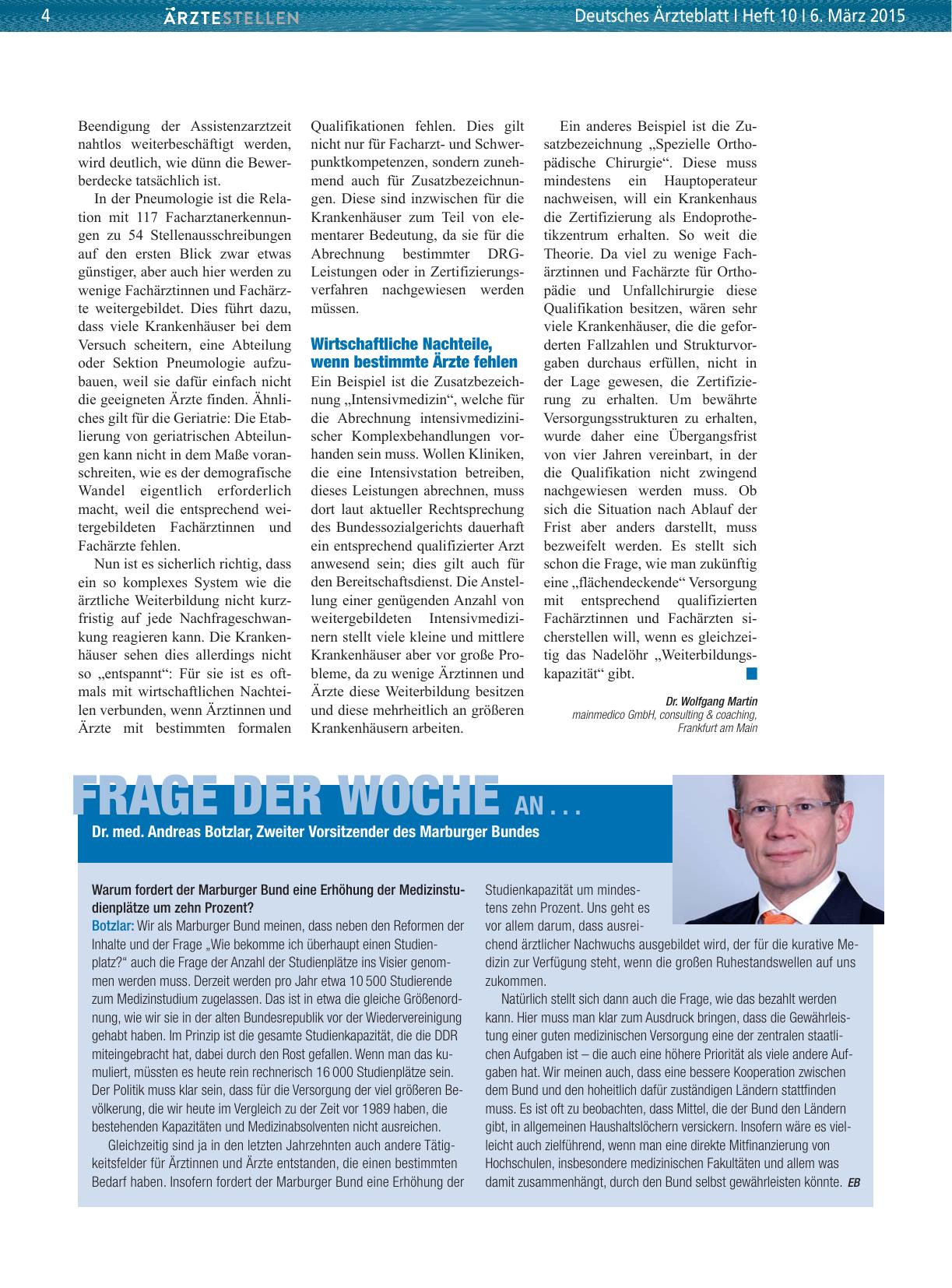Vorschauseite 1: Frage der Woche an. .. Dr. med. Andreas Botzlar, Zweiter Vorsitzender des Marburger Bundes