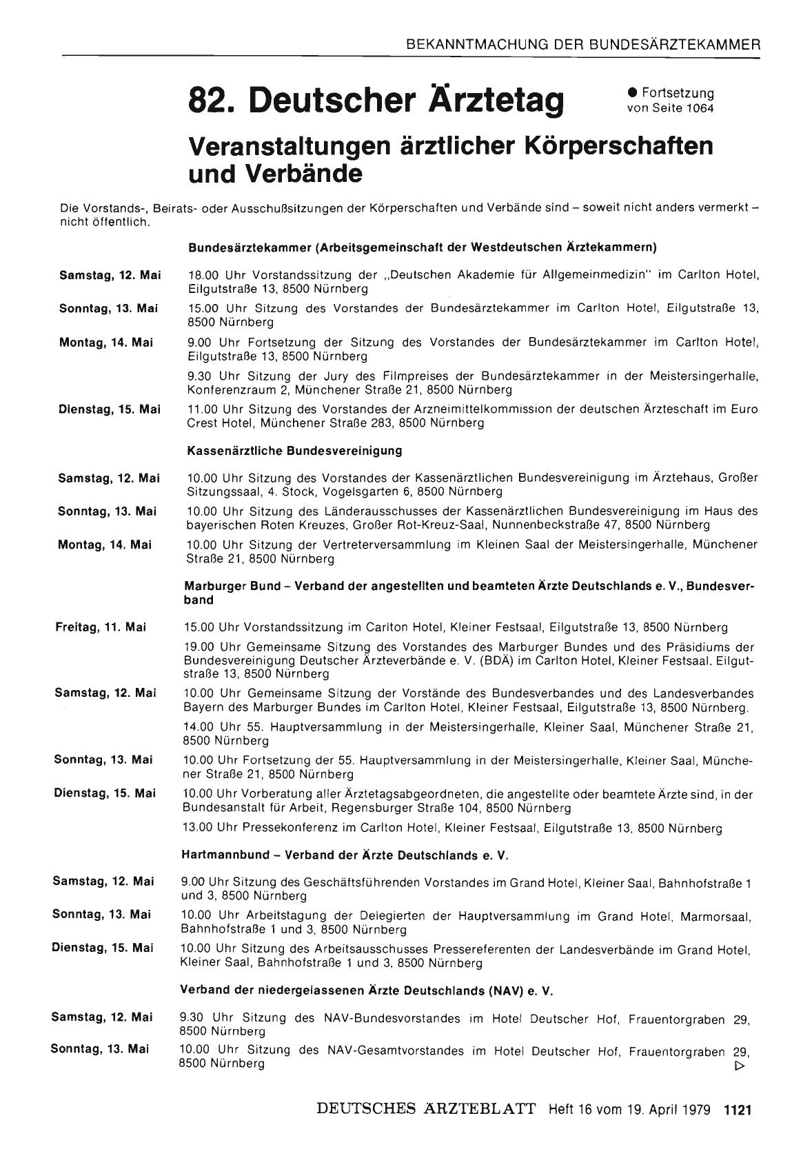 Vorschauseite 1: 82. Deutscher Ärztetag: Fortsetzung von Seite 1064 — Veranstaltungen ärztlicher Körperschaften und Verbände