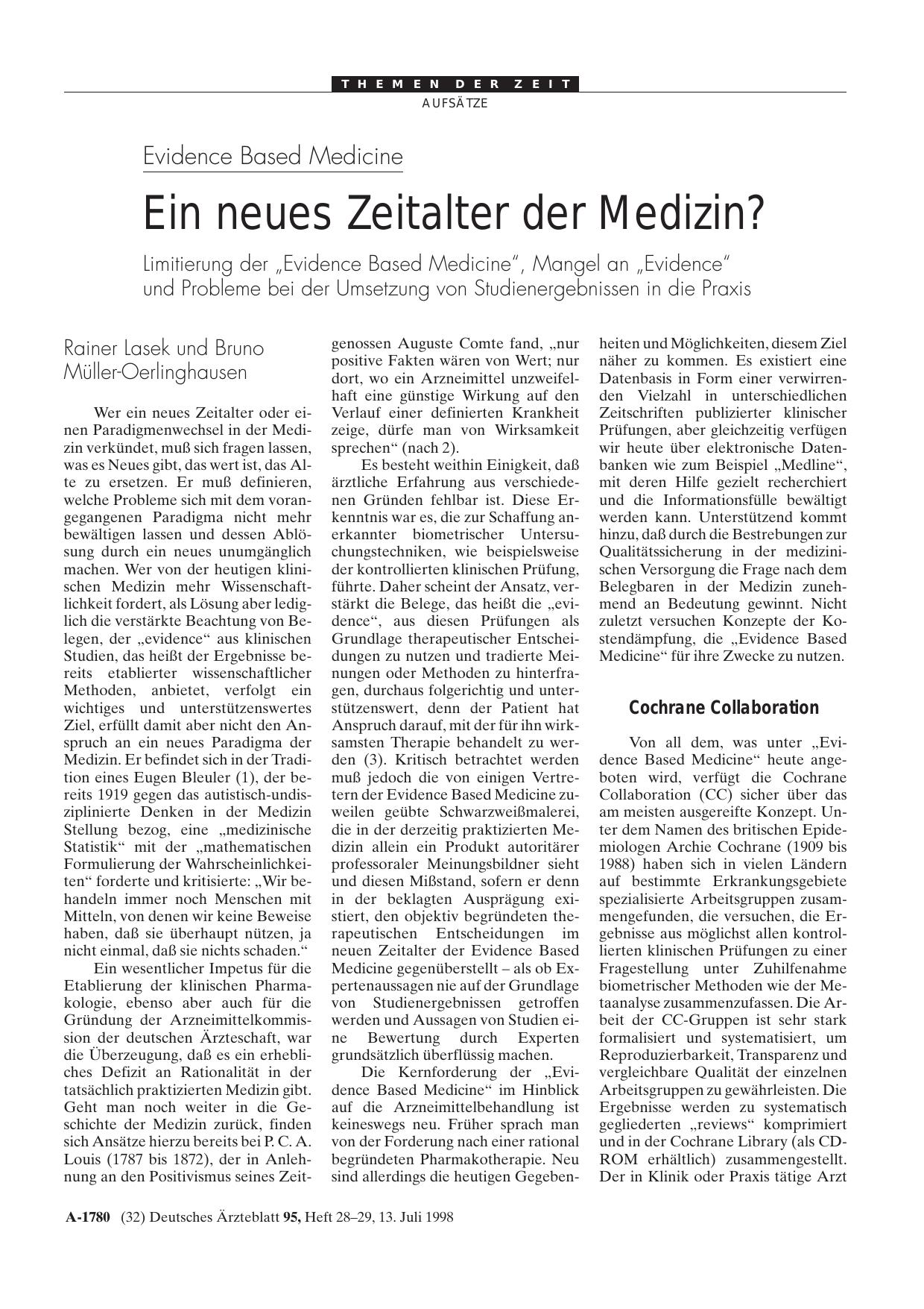 Vorschauseite 1: Evidence Based Medicine: Ein neues Zeitalter der Medizin? Limitierung der „Evidence Based Medicine“, Mangel an „Evidence“ und Probleme bei der Umsetzung von Studienergebnissen in…