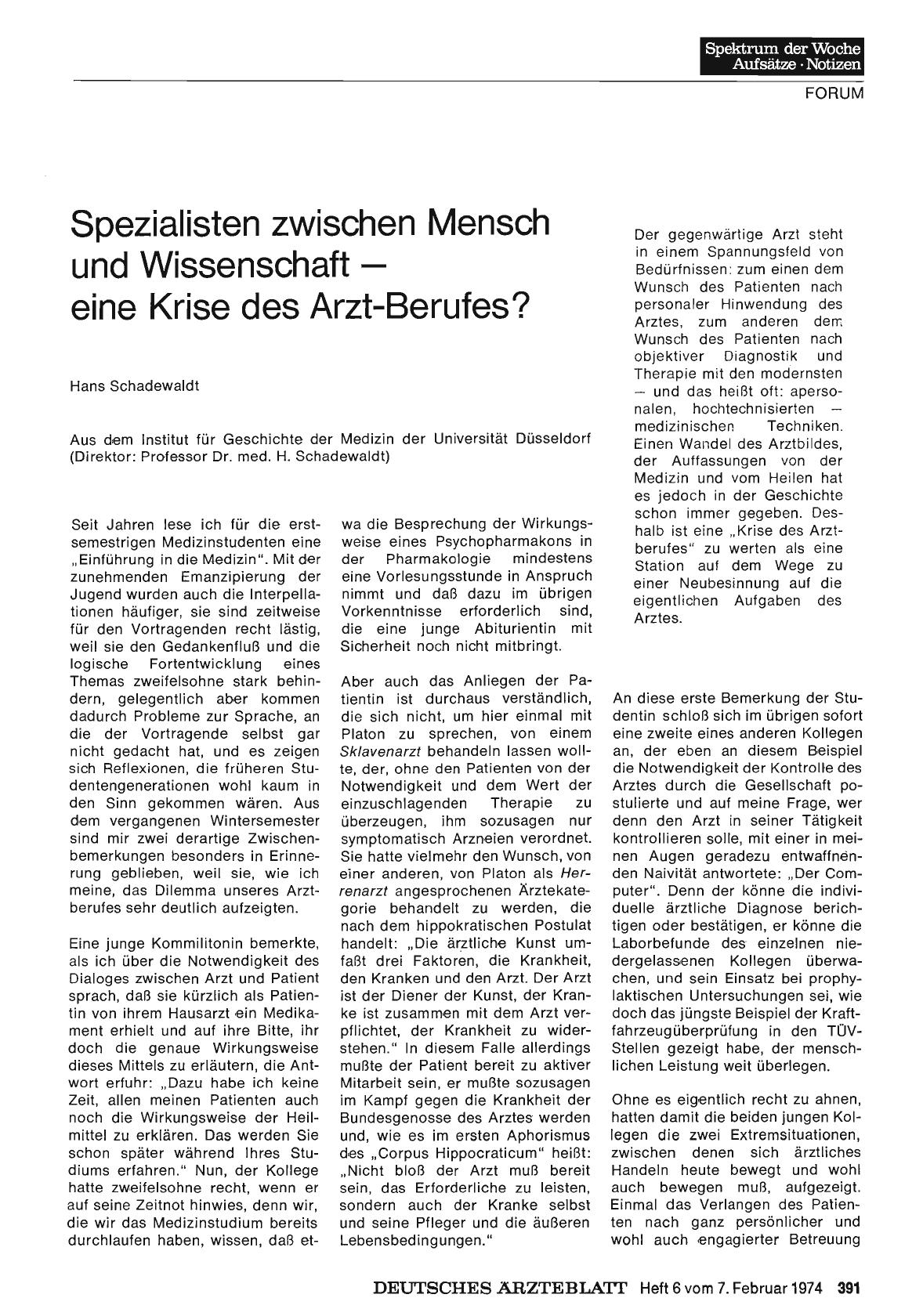 Vorschauseite 1: Spezialisten zwischen Mensch und Wissenschaft — eine Krise des Arzt-Berufes?