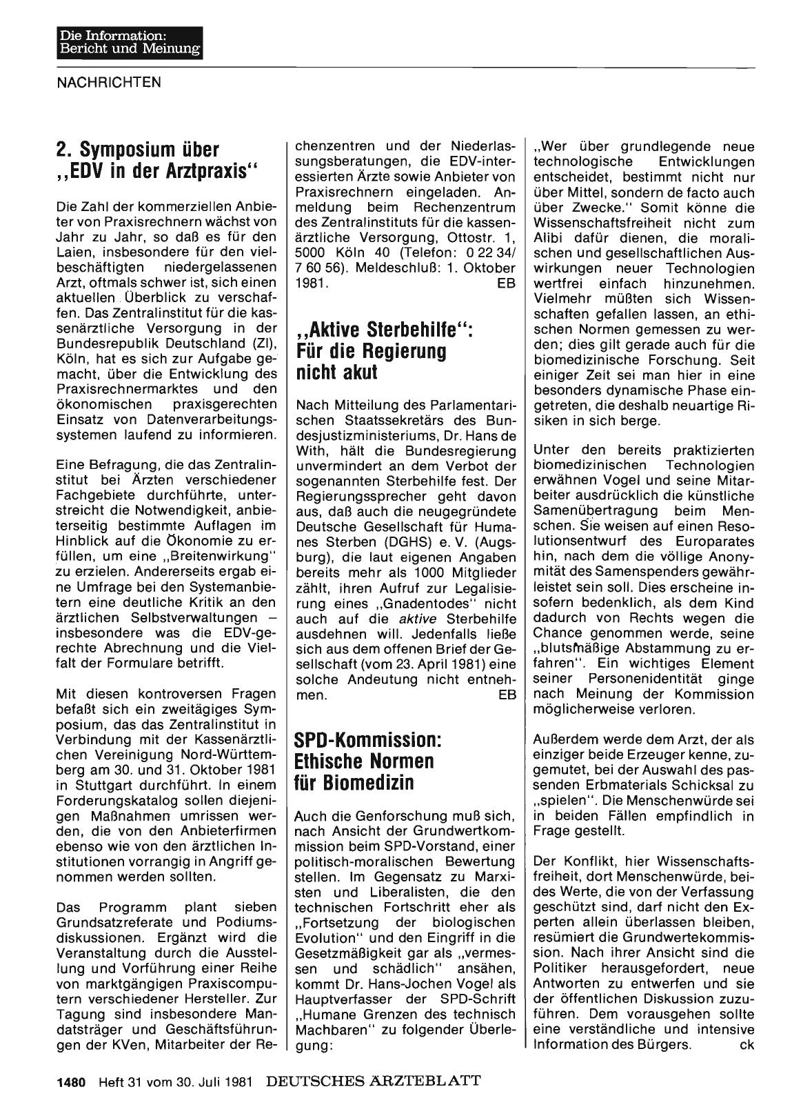 Vorschauseite 1: „Aktive Sterbehilfe": Für die Regierung nicht akut