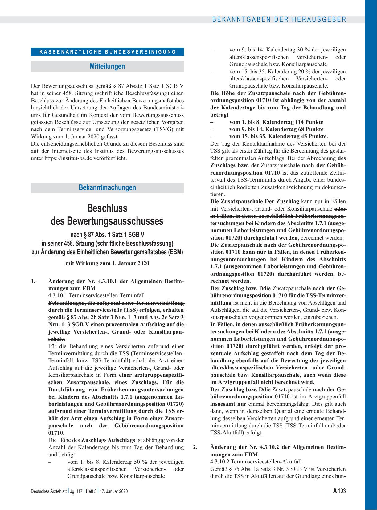 Vorschauseite 1: Beschluss des Bewertungsausschusses nach § 87 Abs. 1 Satz 1 SGB V in seiner 458. Sitzung (schriftliche Beschlussfassung) zur Änderung des Einheitlichen Bewertungsmaßstabes (EBM)
