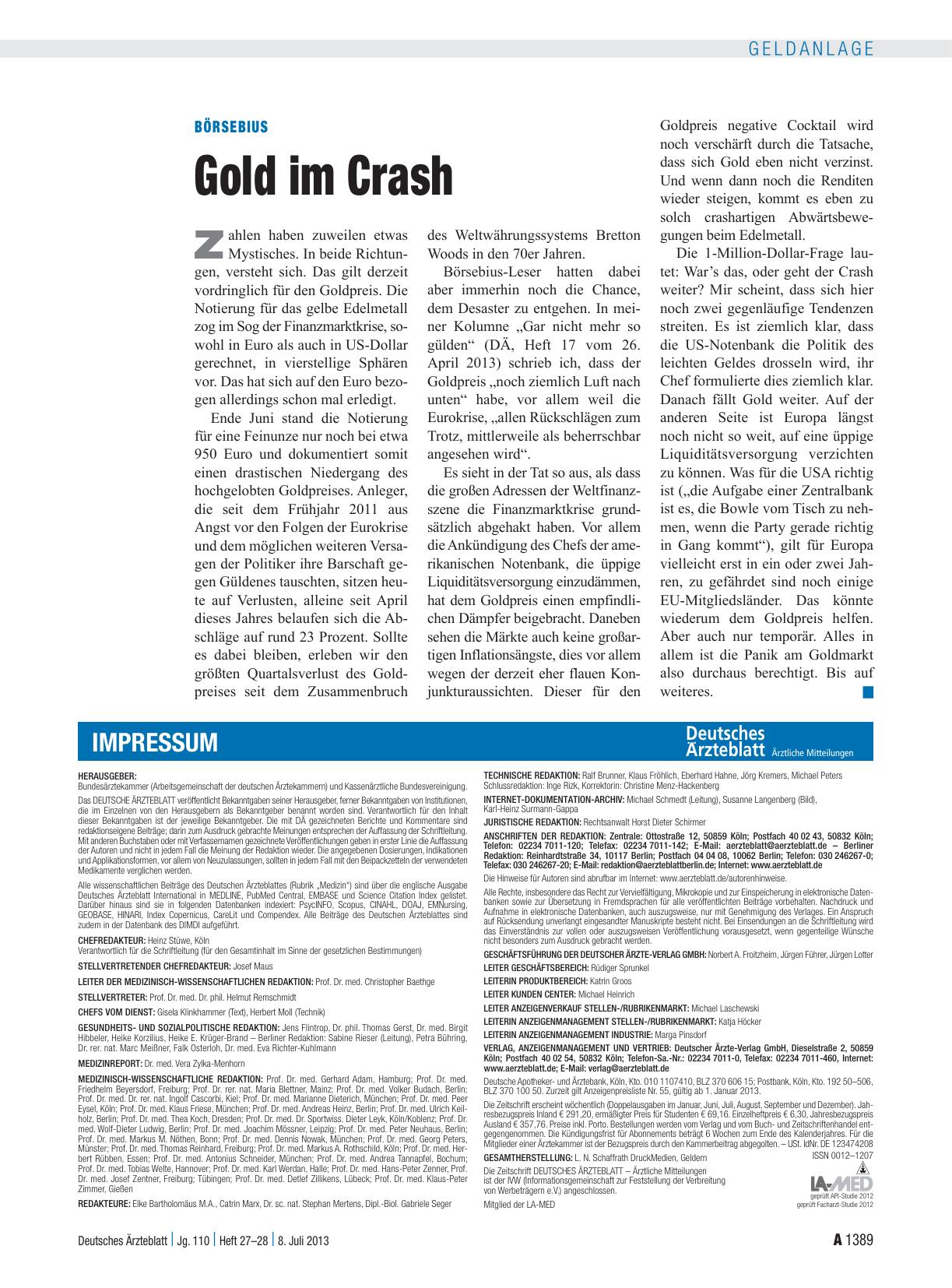 Vorschauseite 1: Börsebius: Gold im Crash