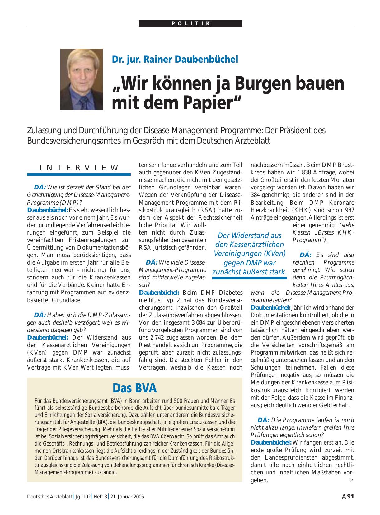 Vorschauseite 1: Dr. jur. Rainer Daubenbüchel: „Wir können ja Burgen bauen mit dem Papier“