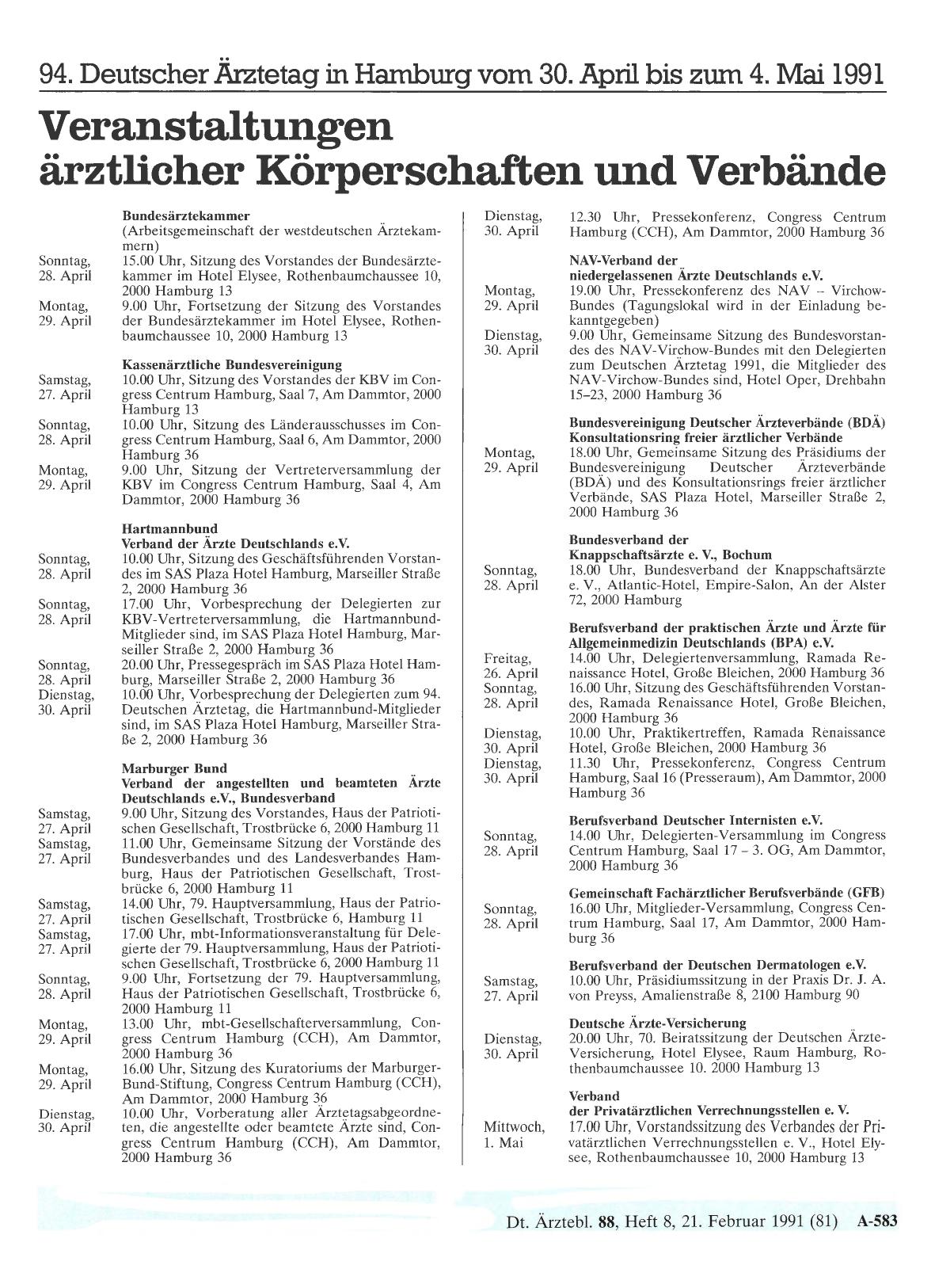 Vorschauseite 1: 94. Deutscher Ärztetag in Hamburg vom 30. April bis zum 4. Mai 1991: Veranstaltungen ärztlicher Körperschaften und Verbände