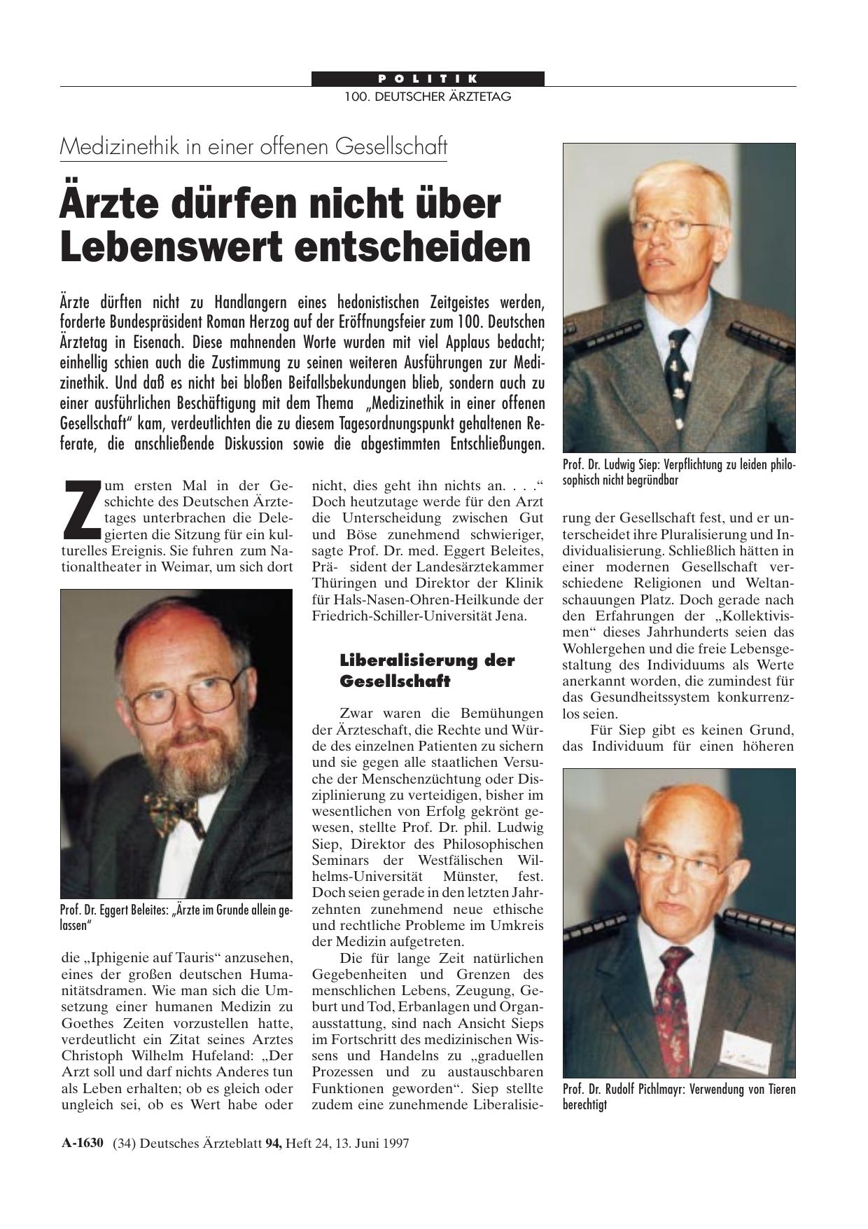 Vorschauseite 1: Medizinethik in einer offenen Gesellschaft: Ärzte dürfen nicht über Lebenswert entscheiden