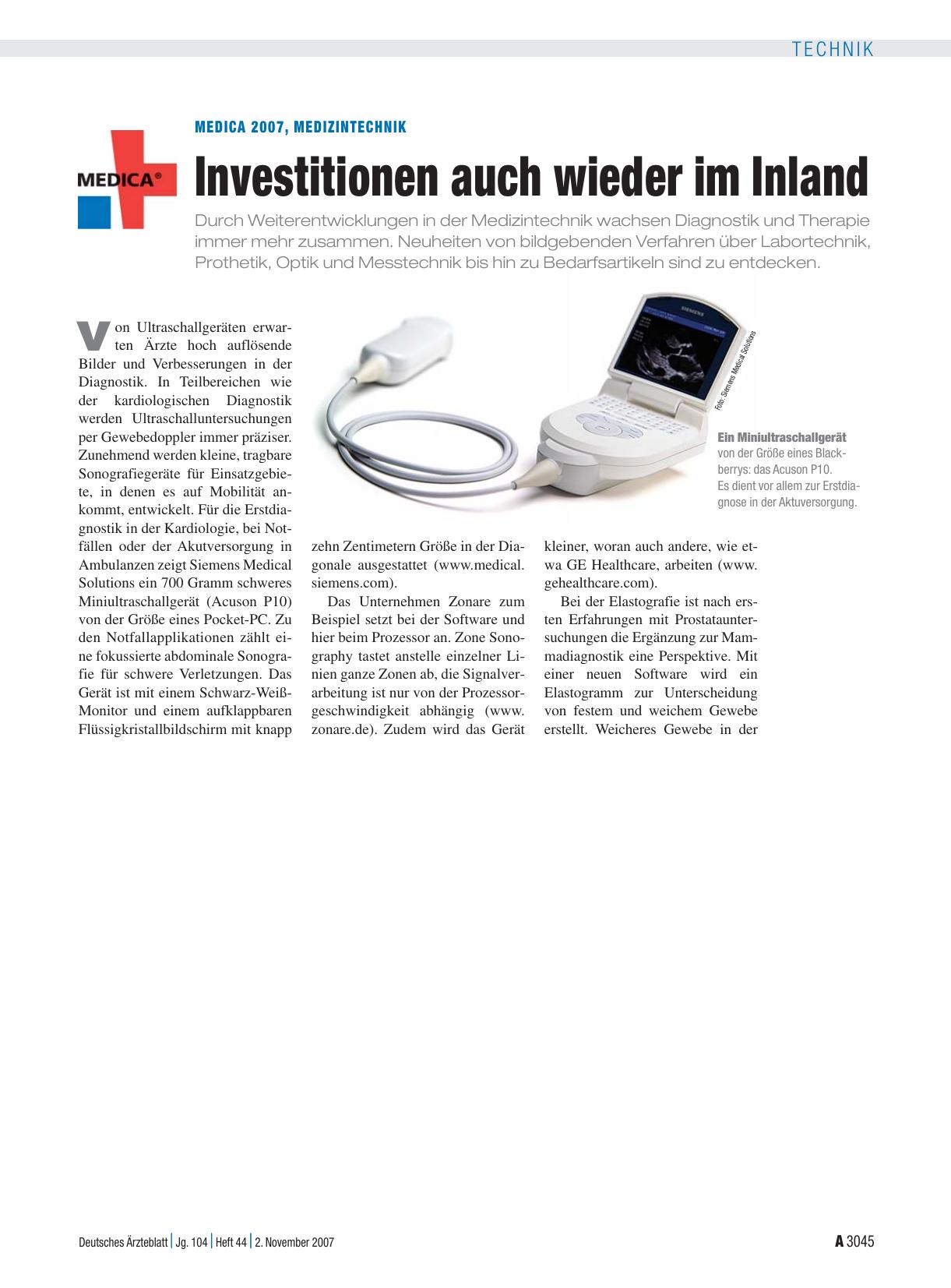Vorschauseite 1: Medica 2007, Medizintechnik: Investitionen auch wieder im Inland