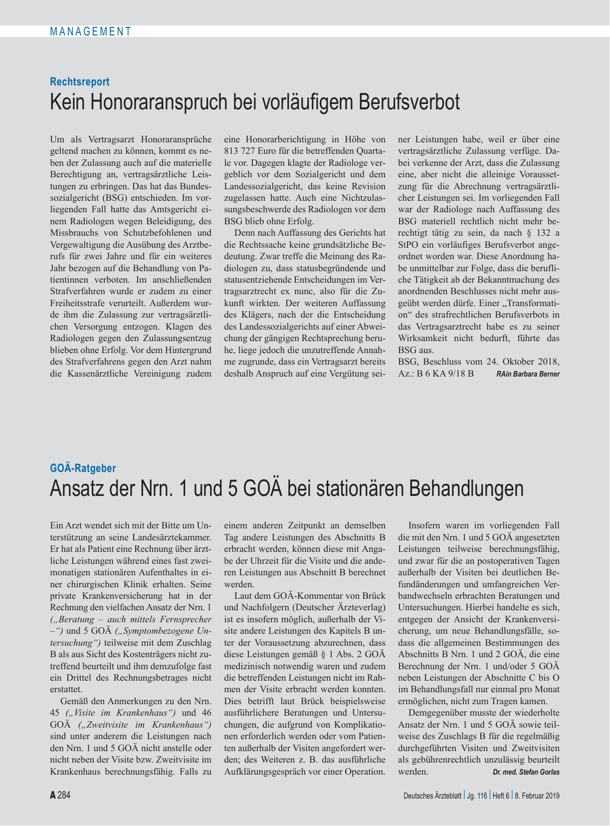 Vorschauseite 1: GOÄ-Ratgeber: Ansatz der Nrn. 1 und 5 GOÄ bei stationären Behandlungen