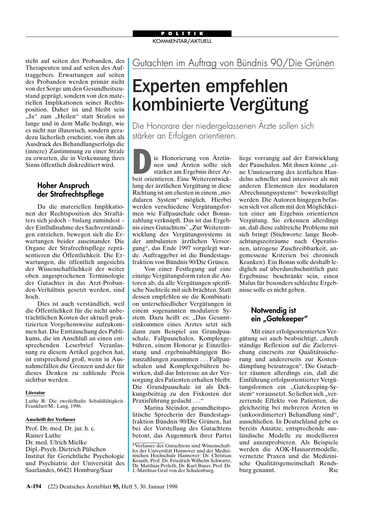 Vorschauseite 1: Gutachten im Auftrag von Bündnis 90/Die Grünen: Experten empfehlen kombinierte Vergütung