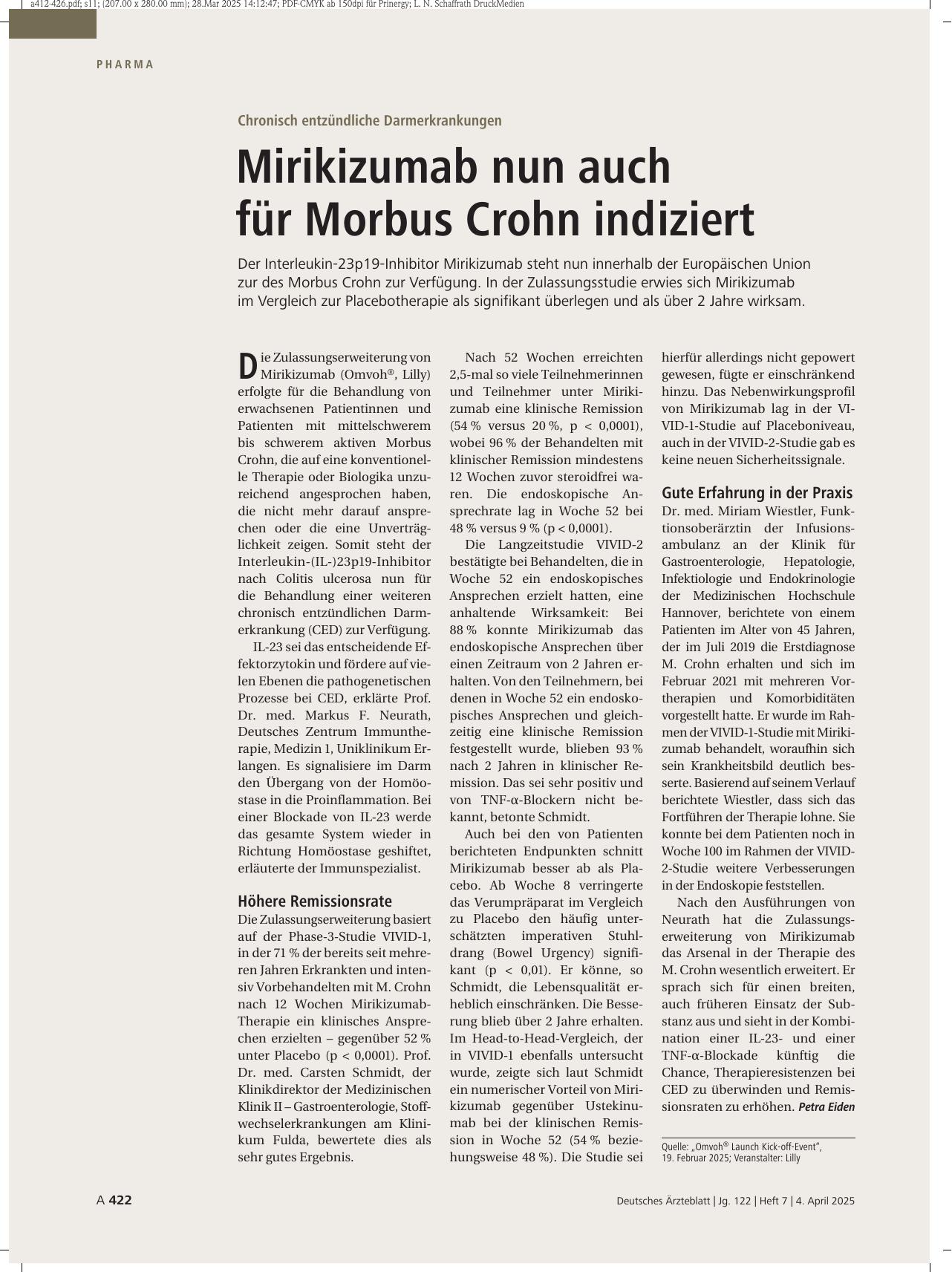 Vorschauseite 1: Chronisch entzündliche Darmerkrankungen: Mirikizumab nun auch für Morbus Crohn indiziert