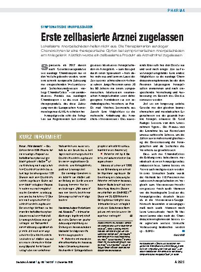 Vorschauseite 1: Symptomatische Knorpelschäden: Erste zellbasierte Arznei zugelassen