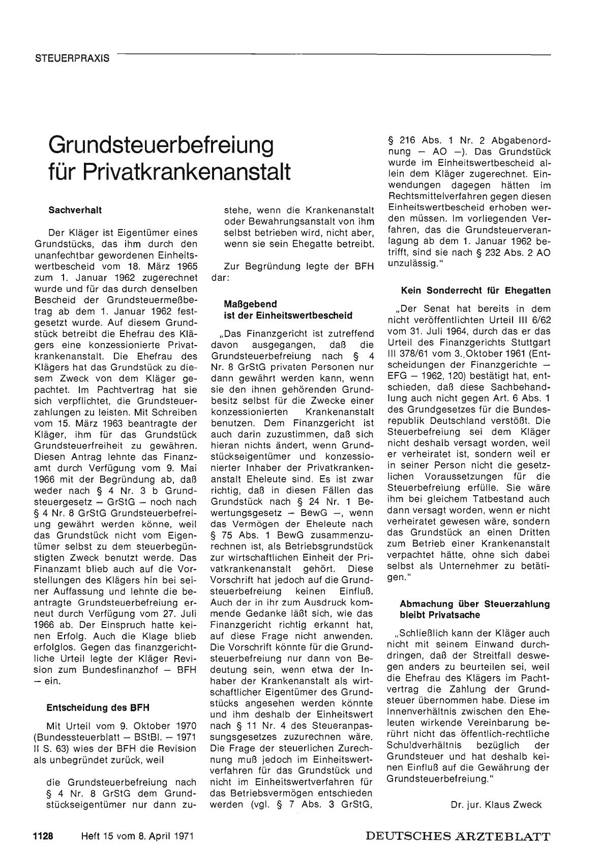 Vorschauseite 1: Grundsteuerbefreiung für Privatkrankenanstalt