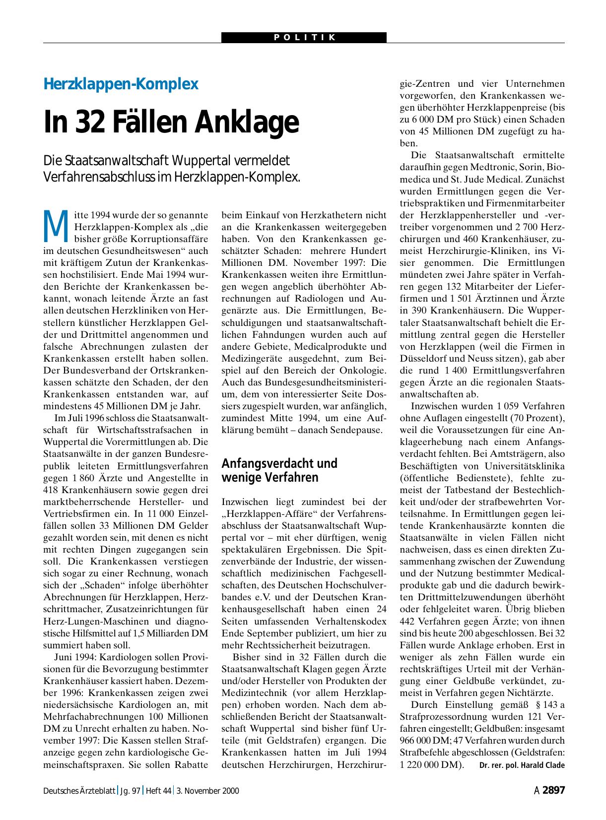 Vorschauseite 1: Herzklappen-Komplex: In 32 Fällen Anklage