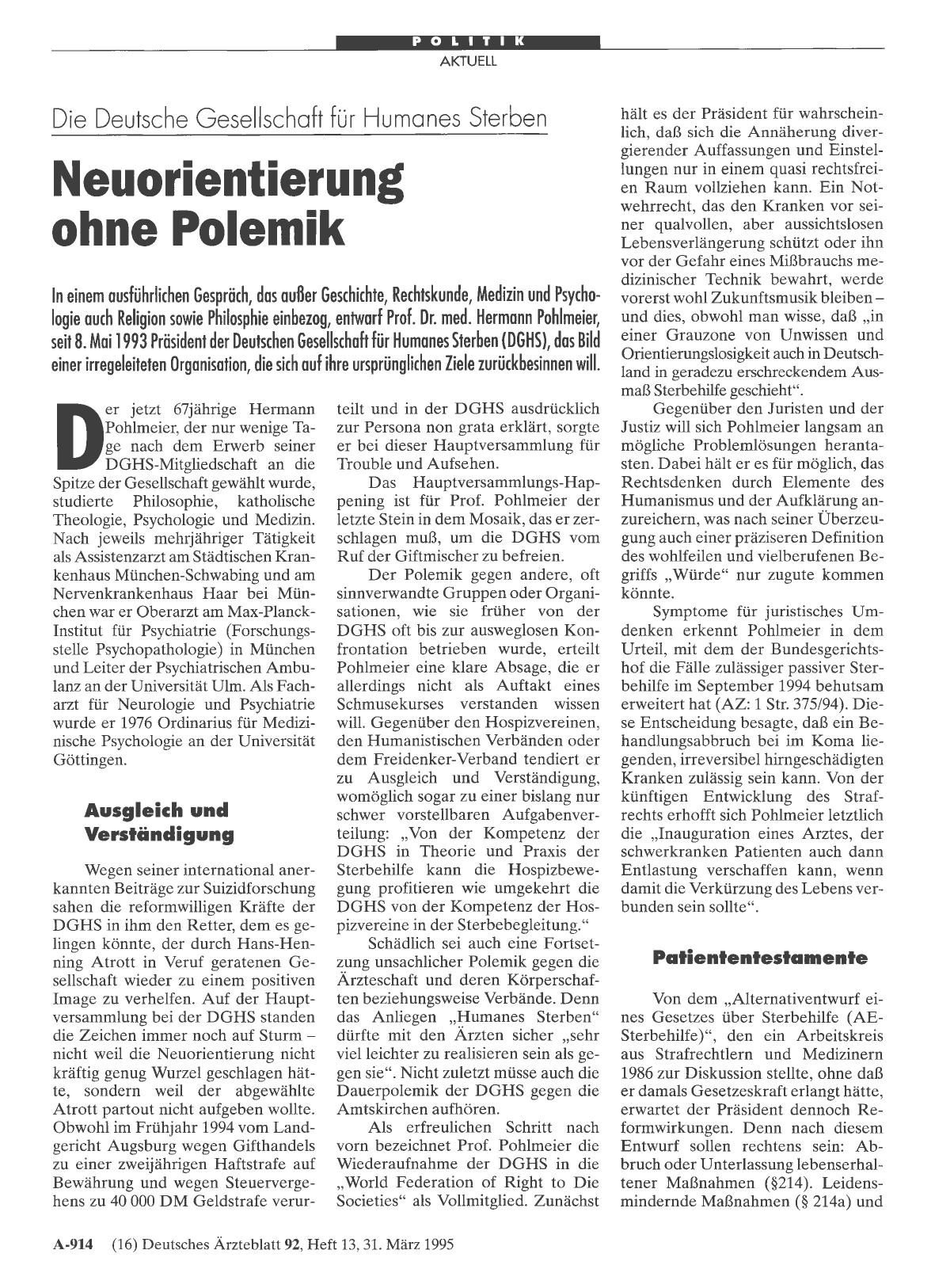 Vorschauseite 1: Die Deutsche Gesellschaft für Humanes Sterben: Neuorientierung ohne Polemik