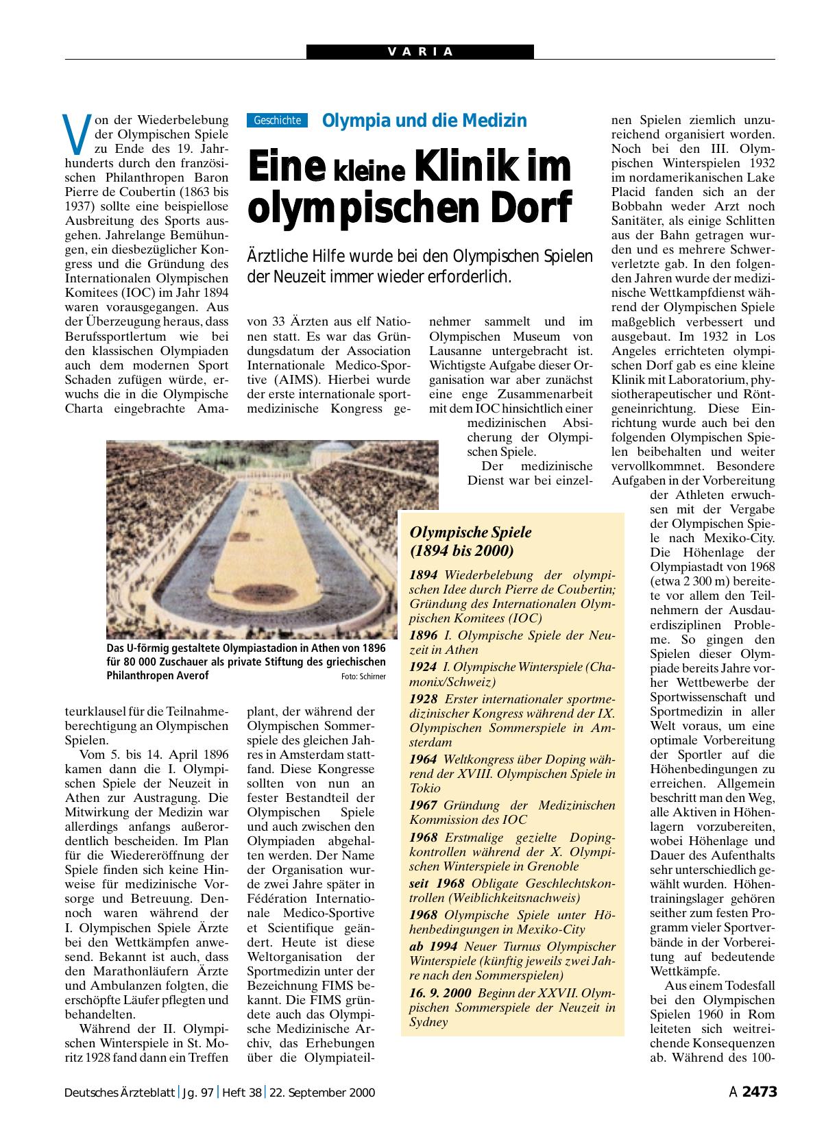Vorschauseite 1: Olympia und die Medizin: Eine kleine Klinik im olympischen Dorf