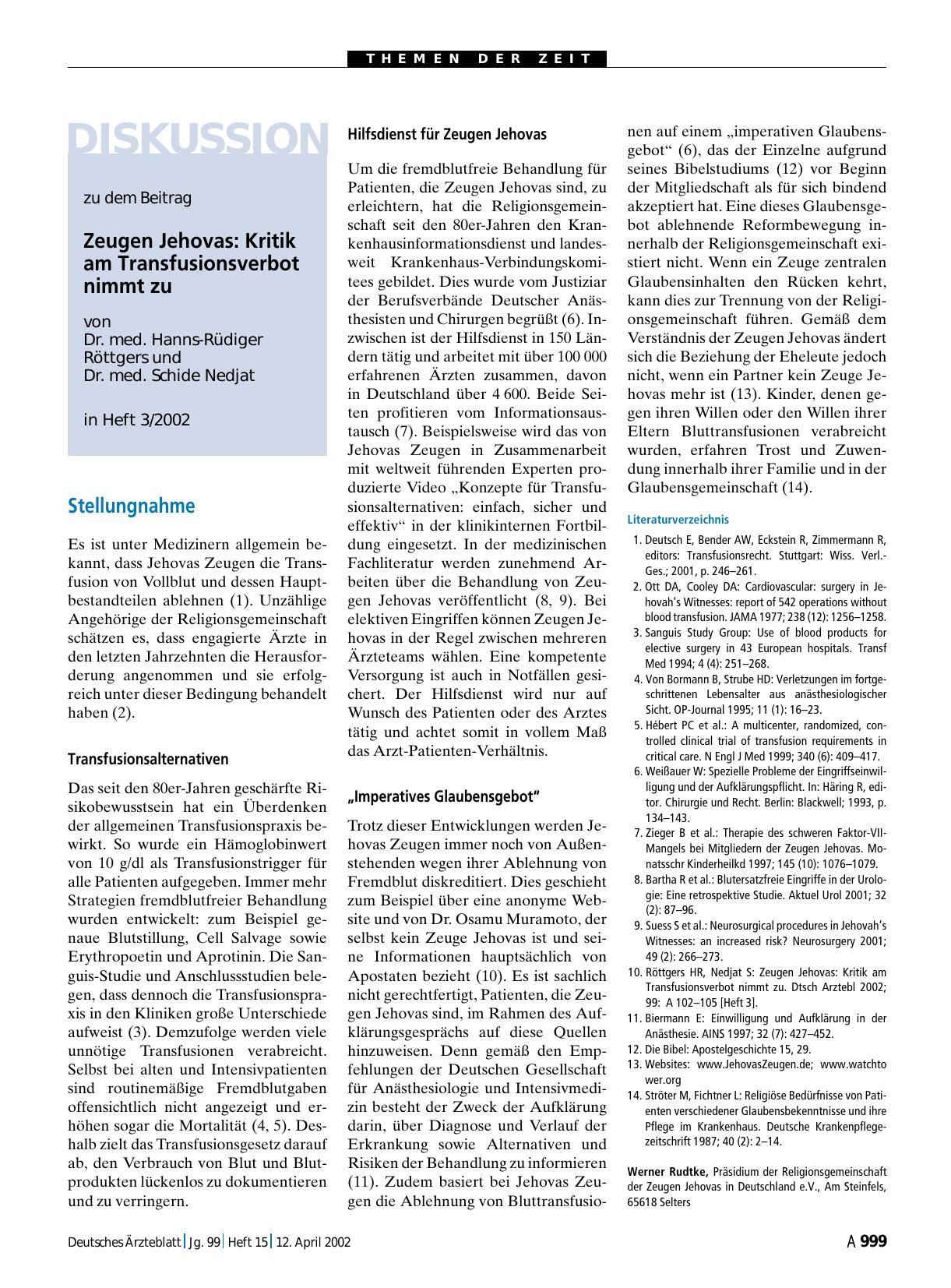 Vorschauseite 1: Zeugen Jehovas: Kritik am Transfusionsverbot nimmt zu - Stellungnahme