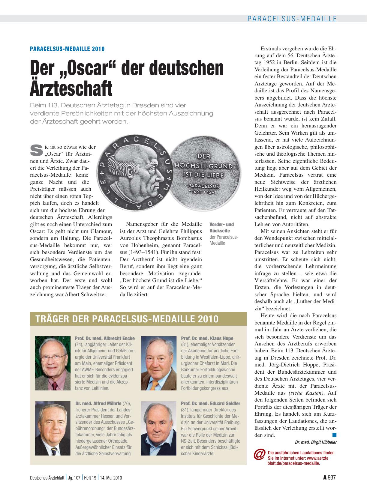Vorschauseite 1: Paracelsus-Medaille 2010: Der „Oscar“ der deutschen Ärzteschaft