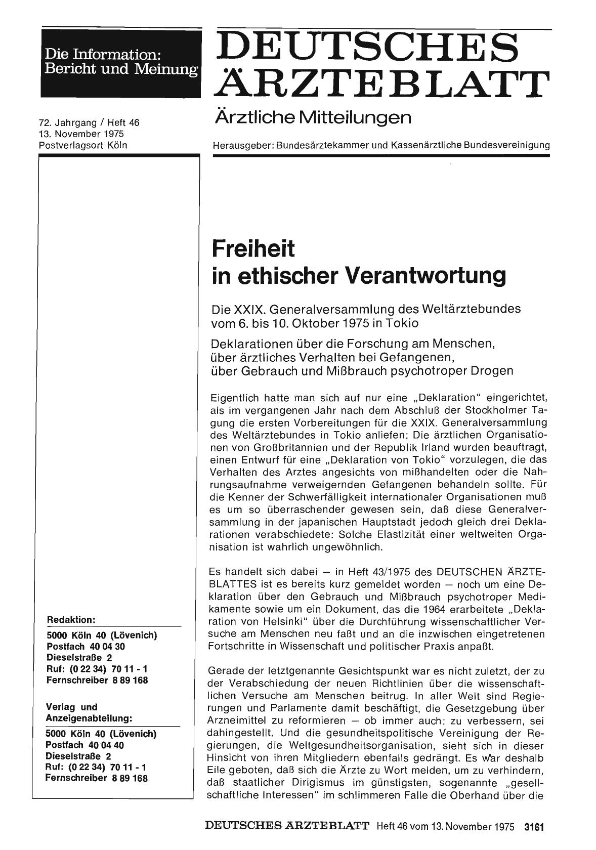 Vorschauseite 1: Freiheit in ethischer Verantwortung: Die XXIX. Generalversammlung des Weltärztebundes vom 6. bis 10. Oktober 1975 in Tokio - Deklarationen über die Forschung am Menschen, über ärz…