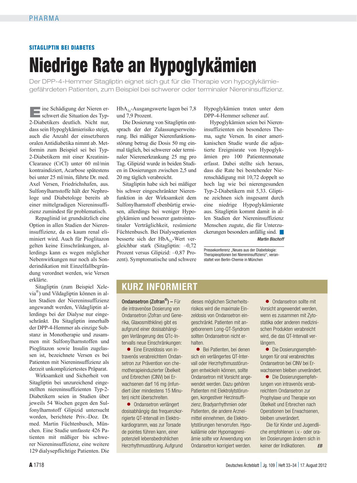 Vorschauseite 1: Sitagliptin bei Diabetes: Niedrige Rate an Hypoglykämien