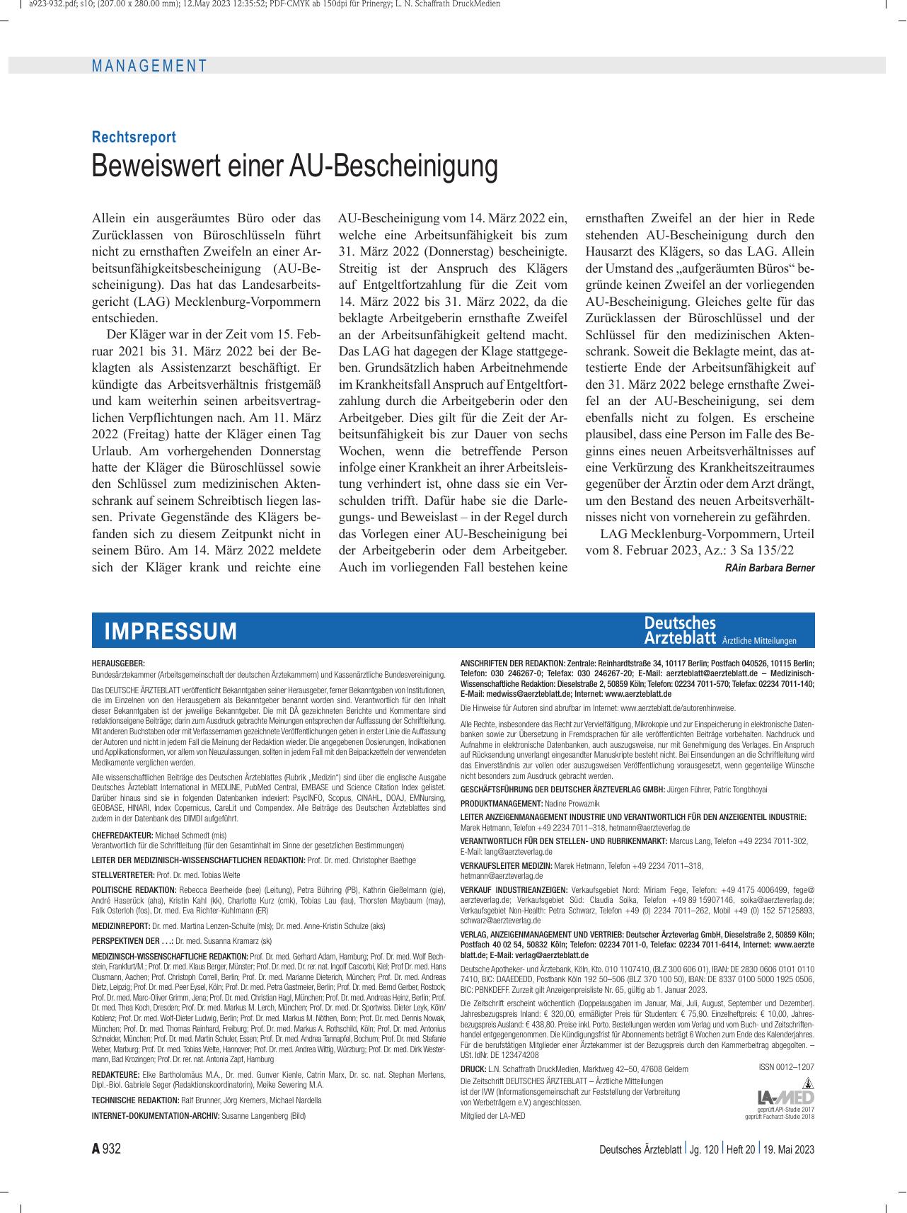 Vorschauseite 1: Rechtsreport: Beweiswert einer AU-Bescheinigung