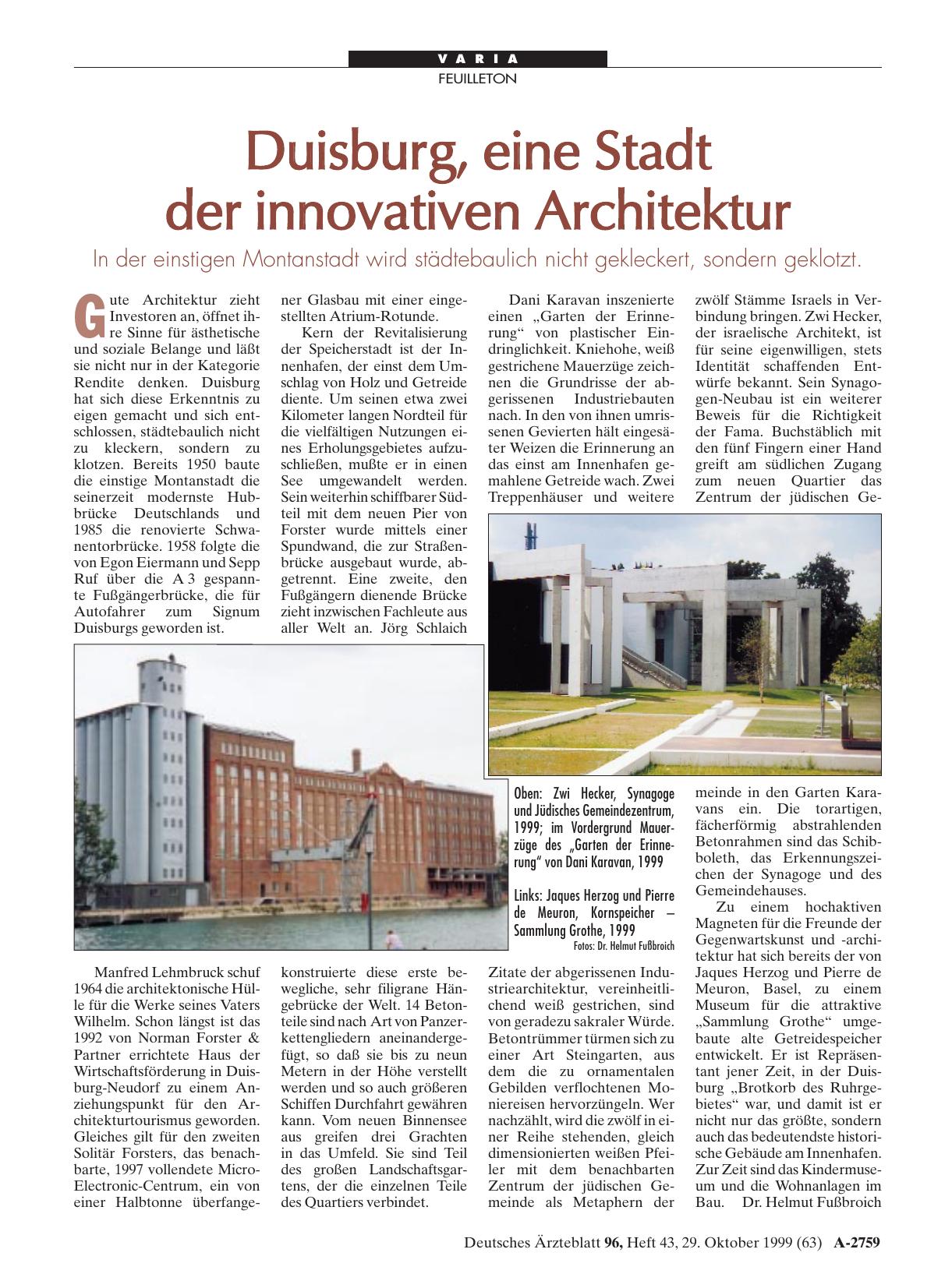Vorschauseite 1: Duisburg, eine Stadt der innovativen Architektur: In der einstigen Montanstadt wird städtebaulich nicht gekleckert, sondern geklotzt