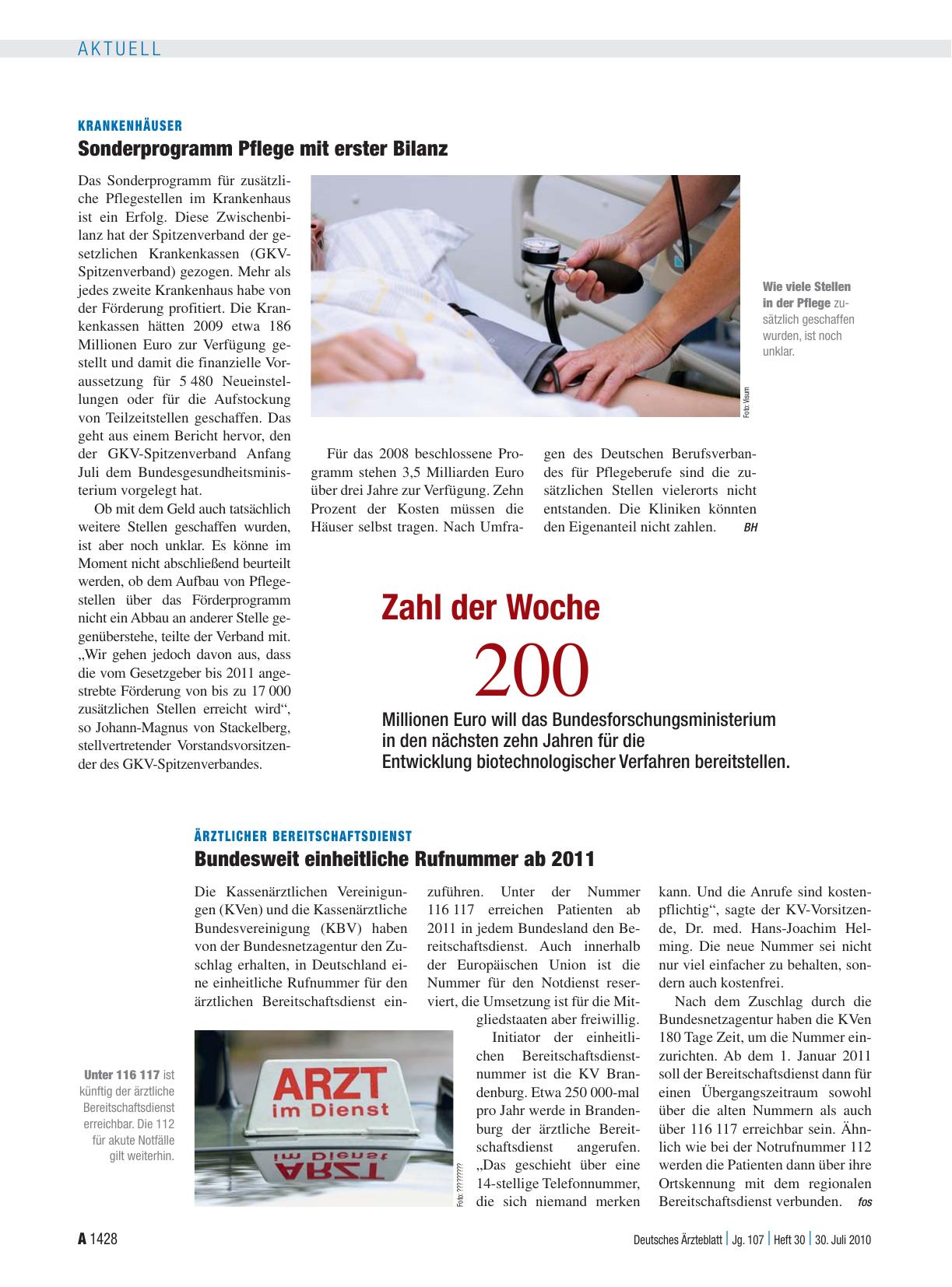 Vorschauseite 1: Ärztlicher Bereitschaftsdienst: Bundesweit einheitliche Rufnummer ab 2011