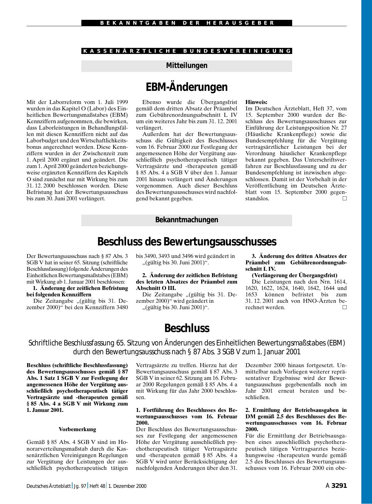 Vorschauseite 1: Mitteilungen: EBM-Änderungen