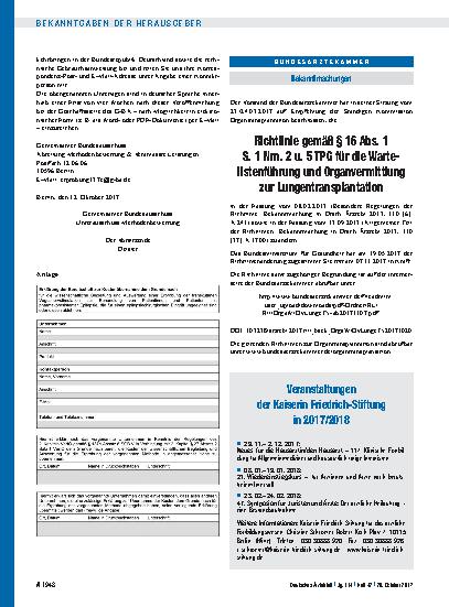 Vorschauseite 1: Richtlinie gemäß § 16 Abs. 1 S. 1 Nrn. 2 u. 5 TPG für die Wartelistenführung und Organvermittlung zur Lungentransplantation