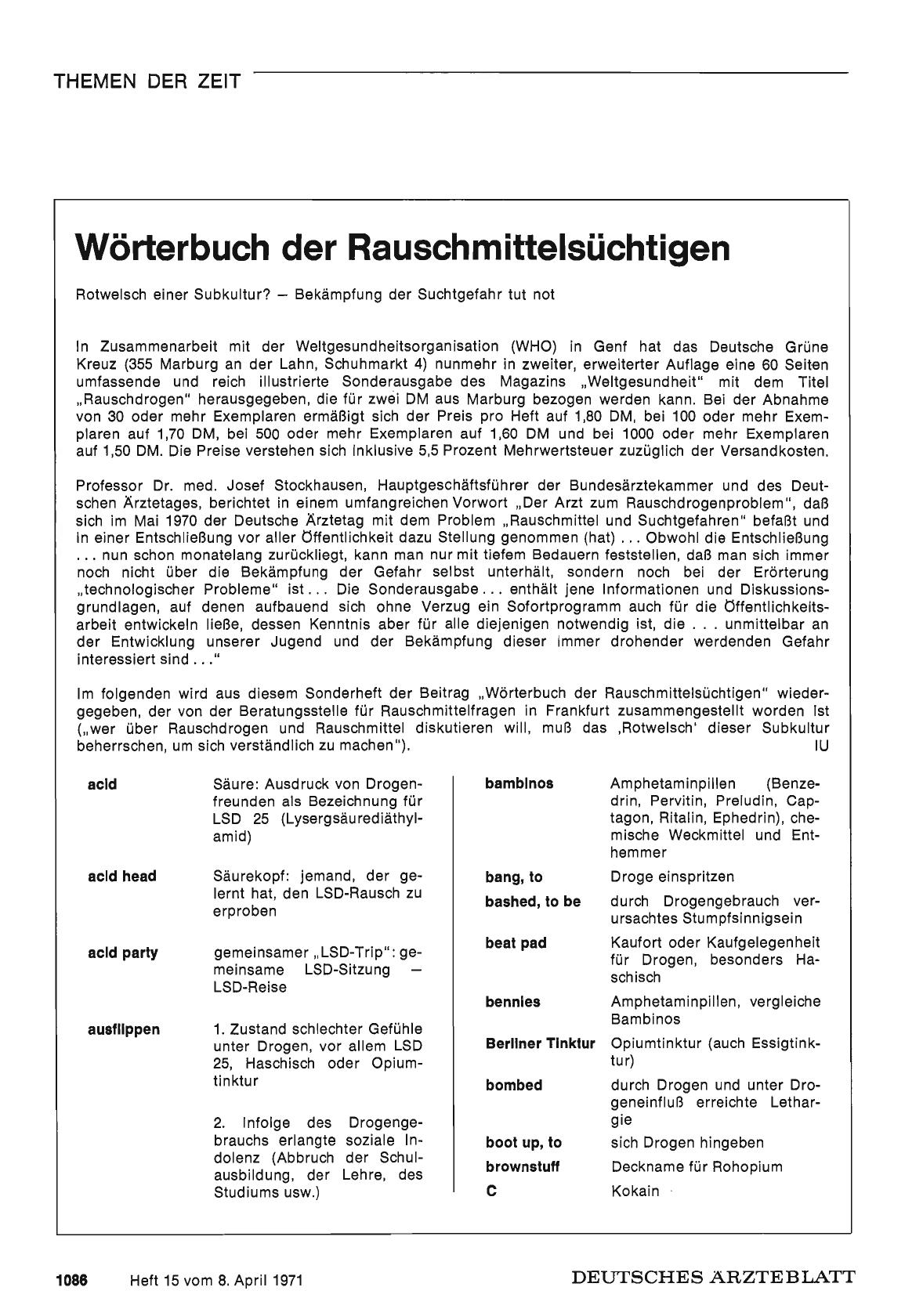 Vorschauseite 1: Wörterbuch der Rauschmittelsüchtigen: Rotwelsch einer Subkultur? — Bekämpfung der Suchtgefahr tut not