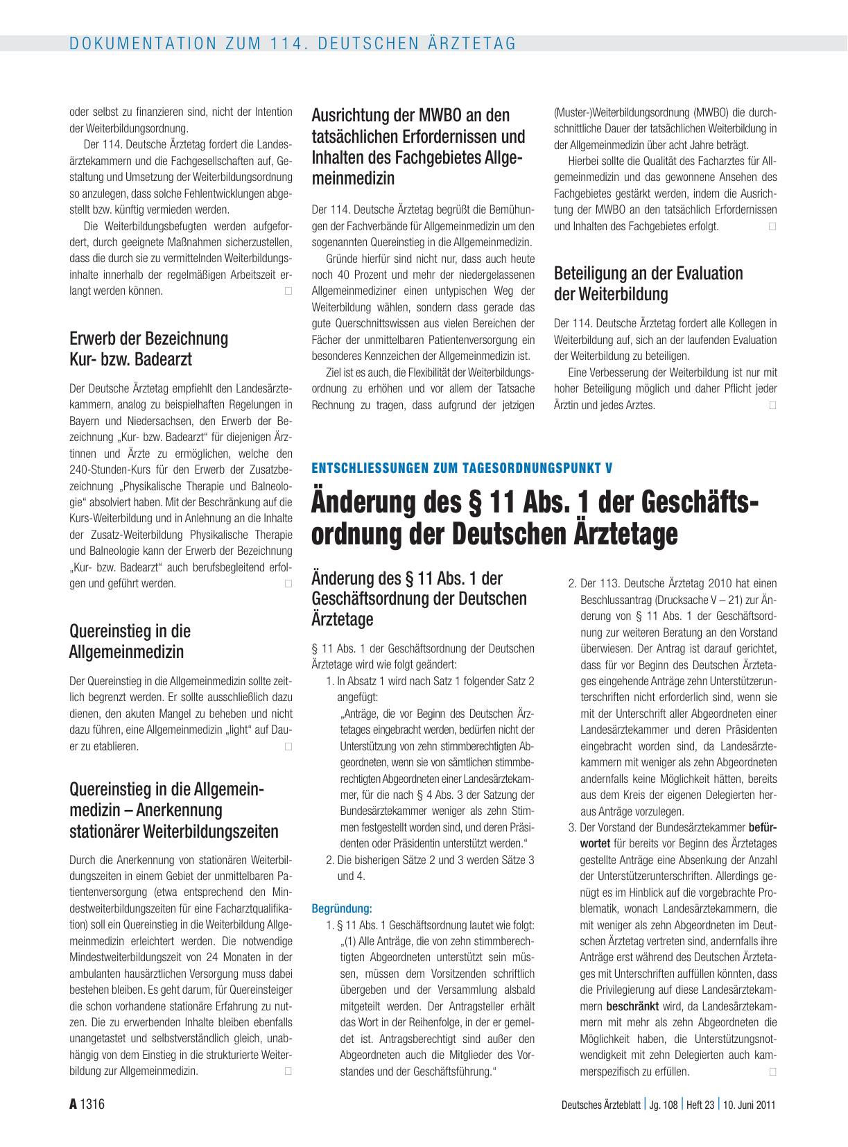 Vorschauseite 1: Entschliessungen zum Tagesordnungspunkt V: Änderung des § 11 Abs. 1 der Geschäftsordnung der Deutschen Ärztetage