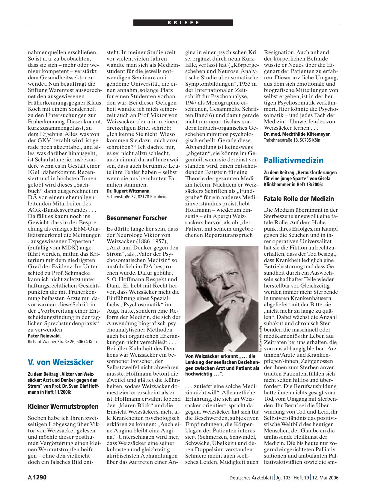 Vorschauseite 1: V. von Weizsäcker: Besonnener Forscher