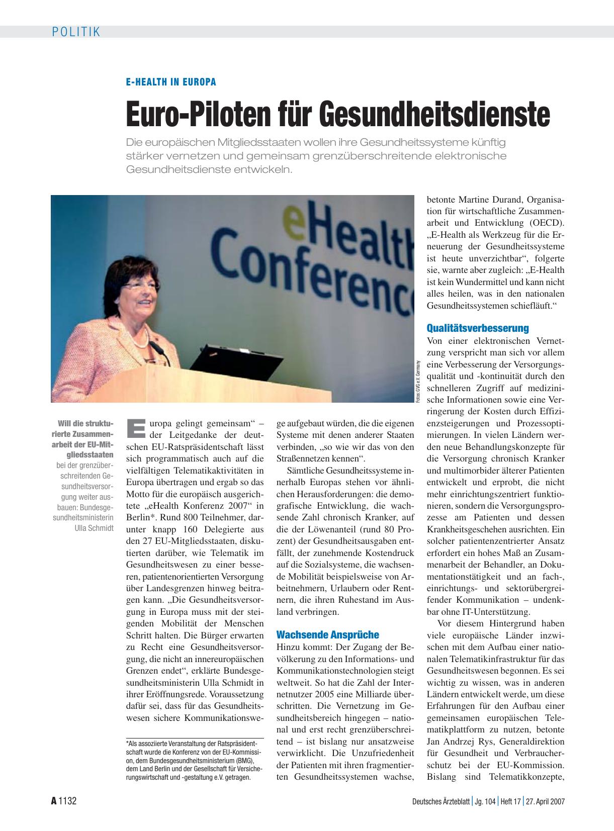 Vorschauseite 1: E-Health in Europa: Euro-Piloten für Gesundheitsdienste