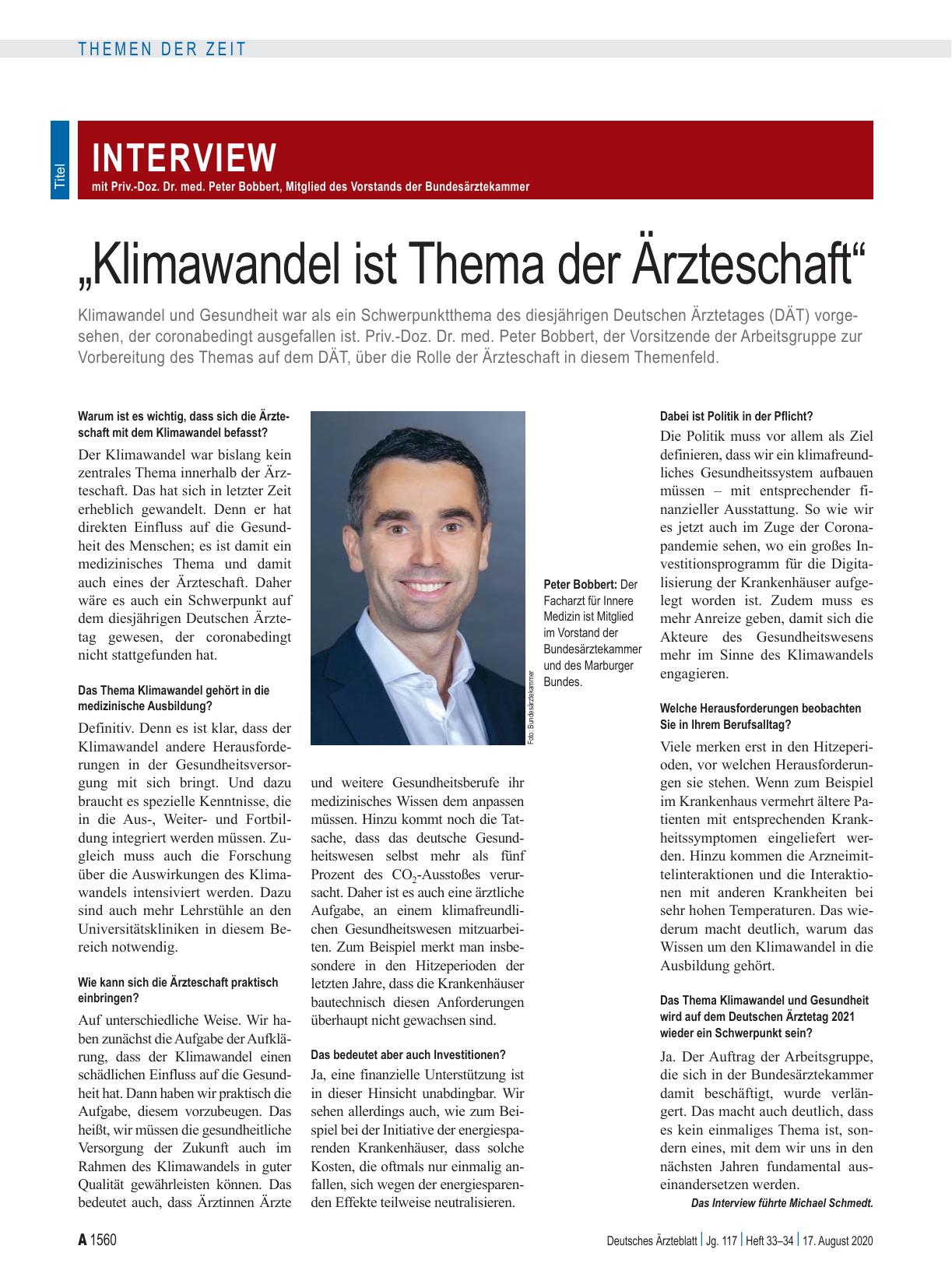 Vorschauseite 1: Interview mit Priv.-Doz. Dr. med. Peter Bobbert, Mitglied des Vorstands der Bundesärztekammer: „Klimawandel ist Thema der Ärzteschaft“