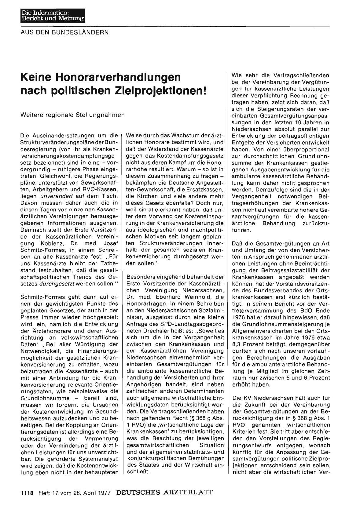 Vorschauseite 1: Keine Honorarverhandlungen nach politischen Zielprojektionen! : Weitere regionale Stellungnahmen