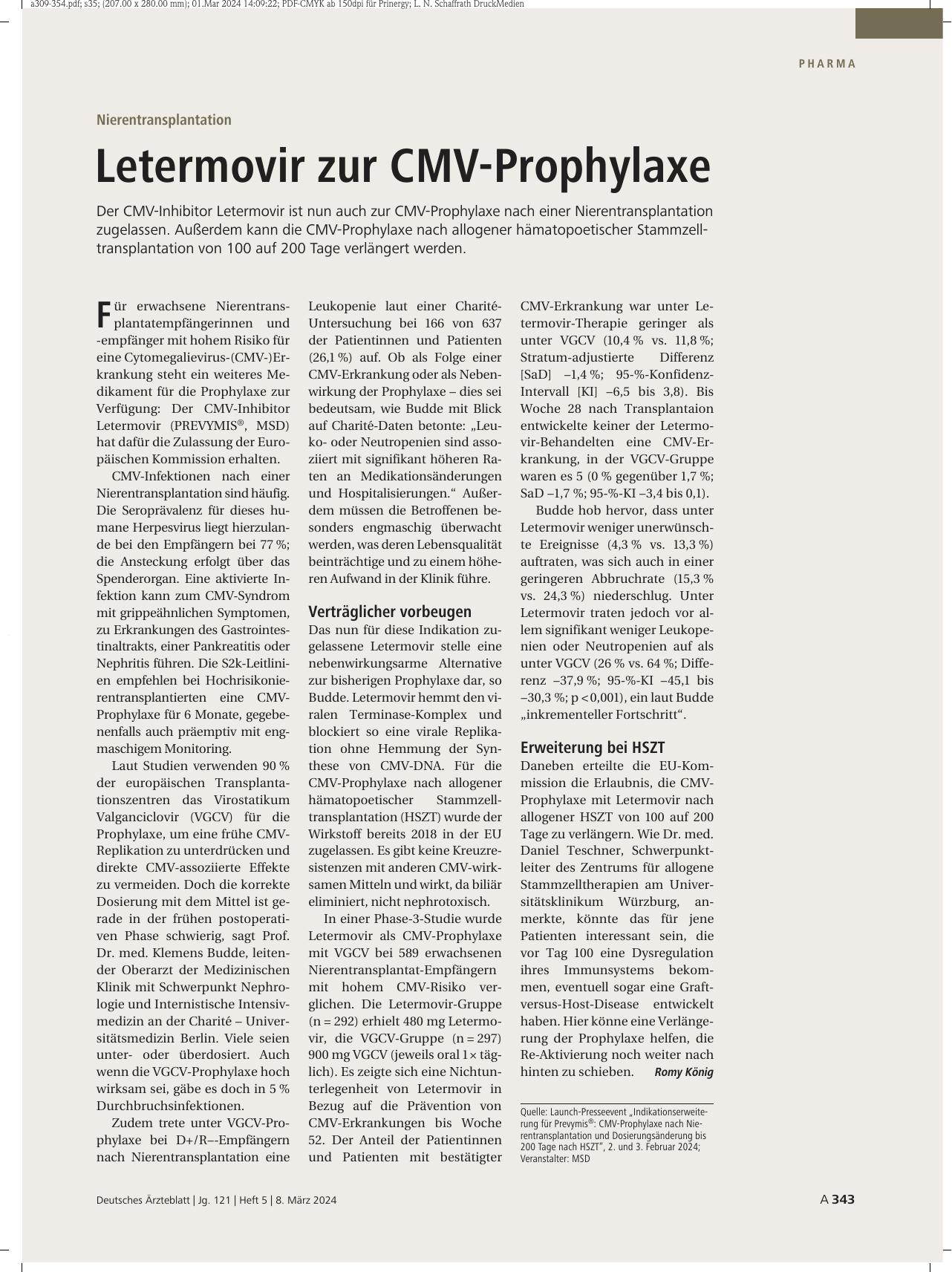 Vorschauseite 1: Nierentransplantation: Letermovir zur CMV-Prophylaxe