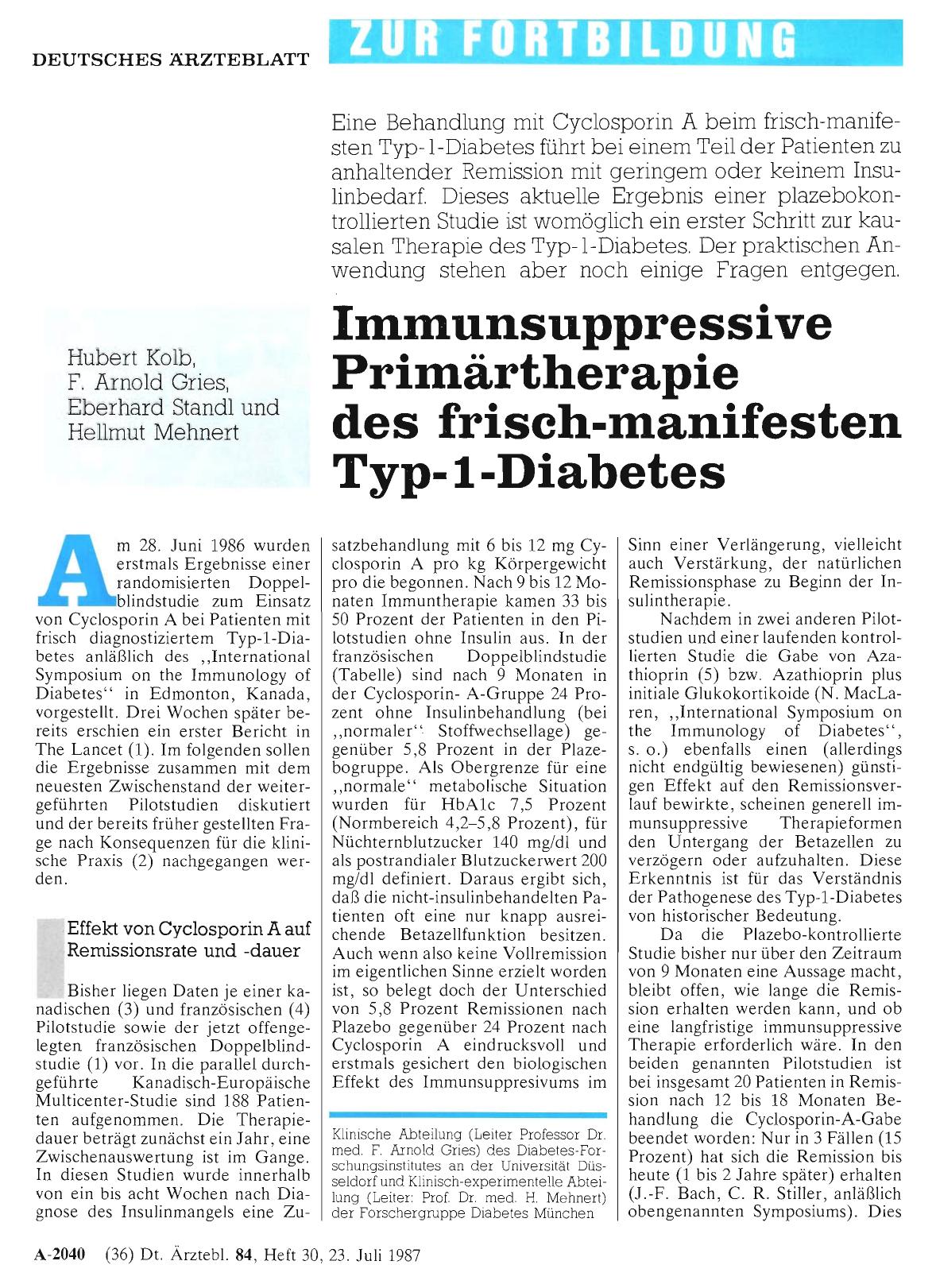 Vorschauseite 1: Immunsuppressive Primärtherapie des frisch-manifesten Typ-1-Diabetes