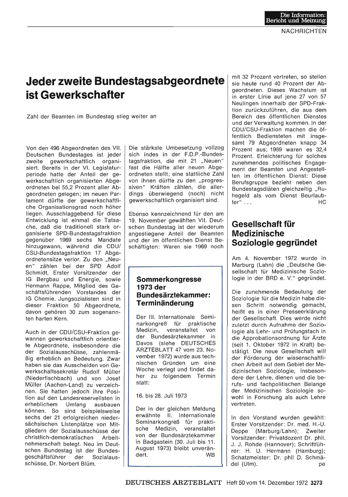 Vorschauseite 1: Sommerkongresse 1973 der Bundesärztekammer: Terminänderung