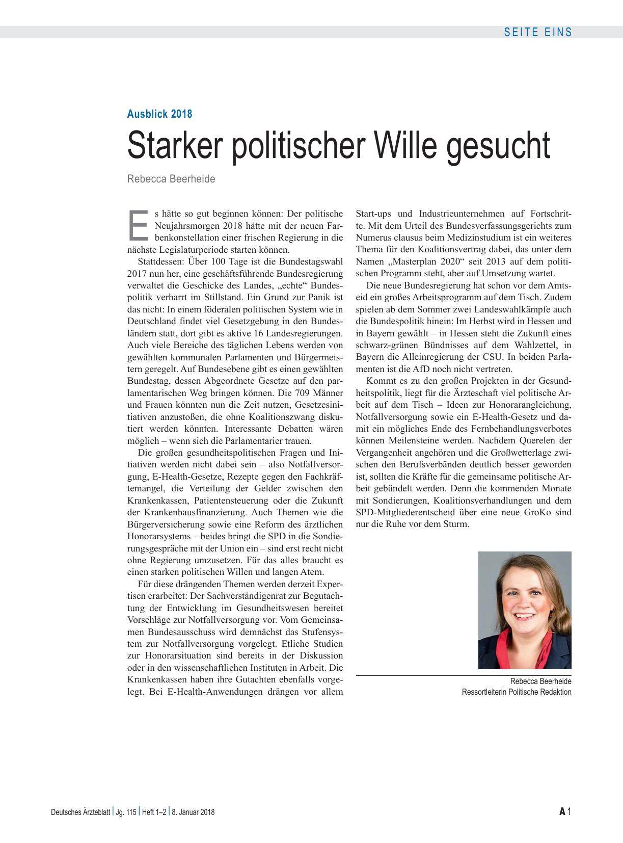 Vorschauseite 1: Ausblick 2018: Starker politischer Wille gesucht