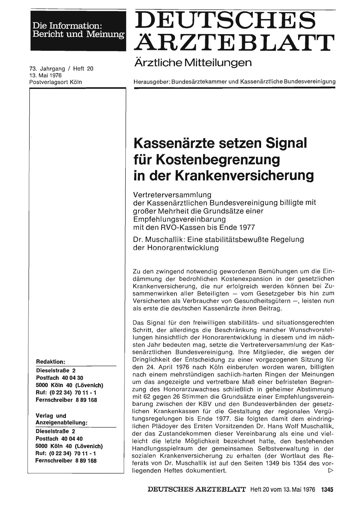 Vorschauseite 1: Kassenärzte setzen Signal für Kostenbegrenzung in der Krankenversicherung