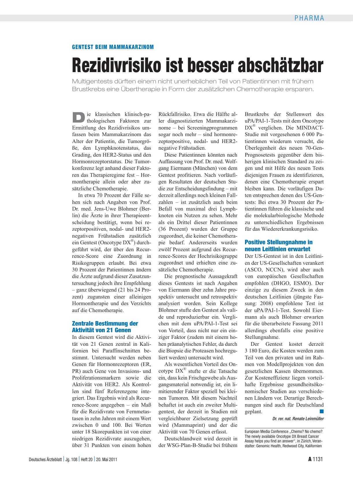 Vorschauseite 1: Gentest beim Mammakarzinom: Rezidivrisiko ist besser abschätzbar