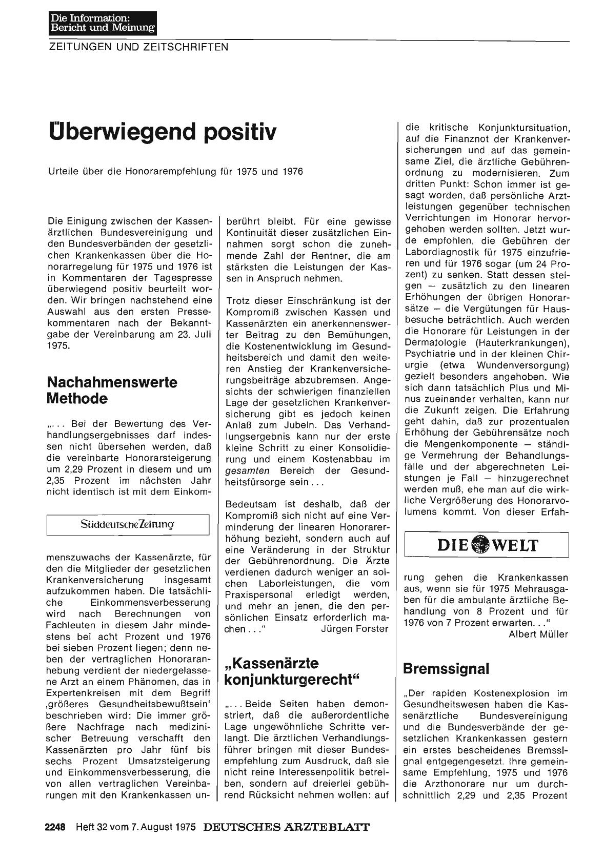 Vorschauseite 1: Überwiegend positiv: Urteile über die Honorarempfehlung für 1975 und 1976