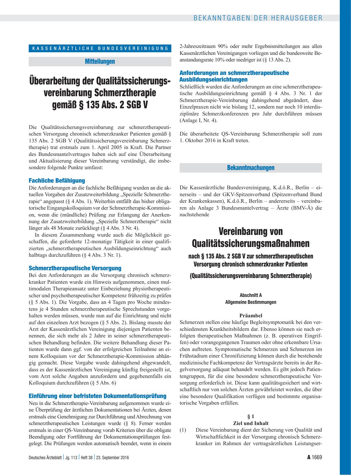 Vorschauseite 1: Überarbeitung der Qualitätssicherungsvereinbarung Schmerztherapie gemäß § 135 Abs. 2 SGB V