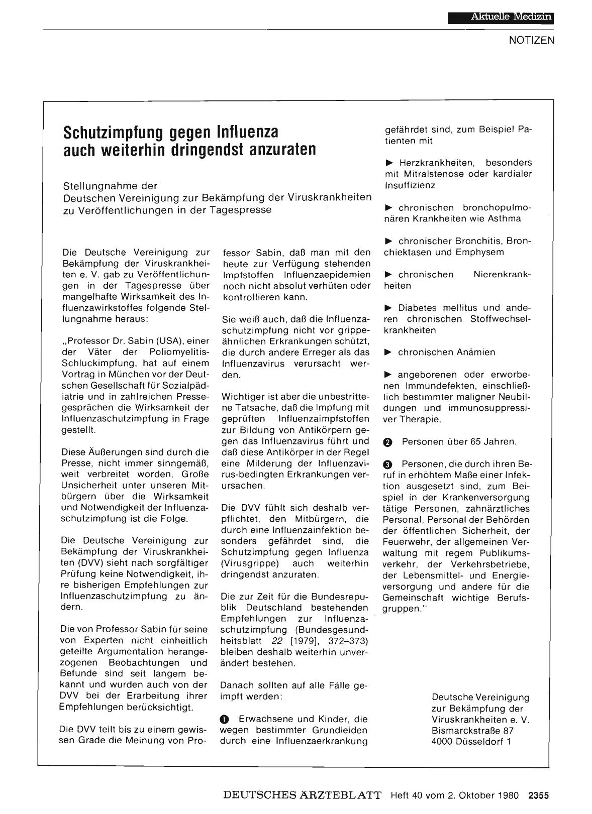Vorschauseite 1: Schutzimpfung gegen Influenza auch weiterhin dringendst anzuraten