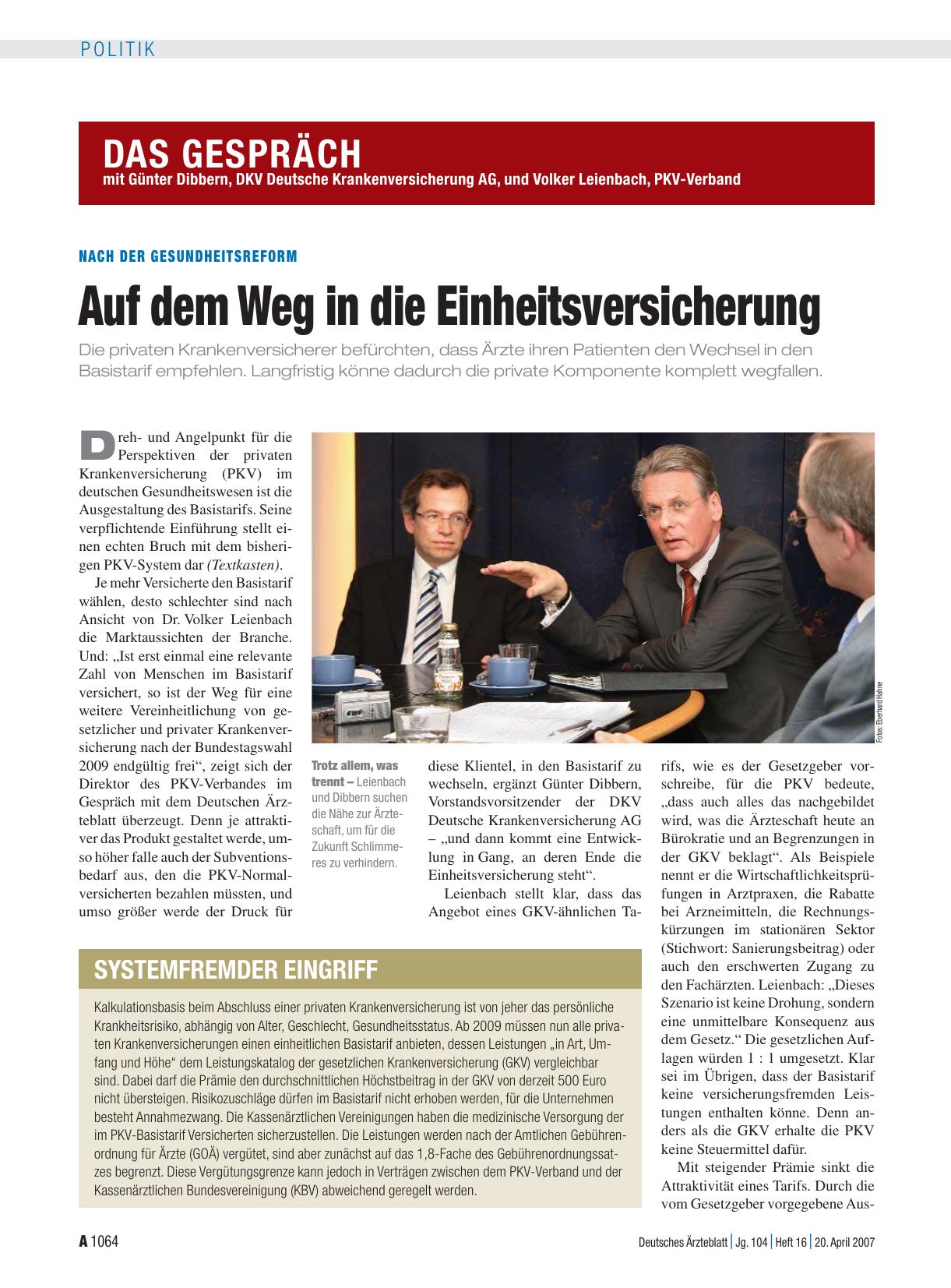 Vorschauseite 1: Nach der Gesundheitsreform: Auf dem Weg in die Einheitsversicherung
