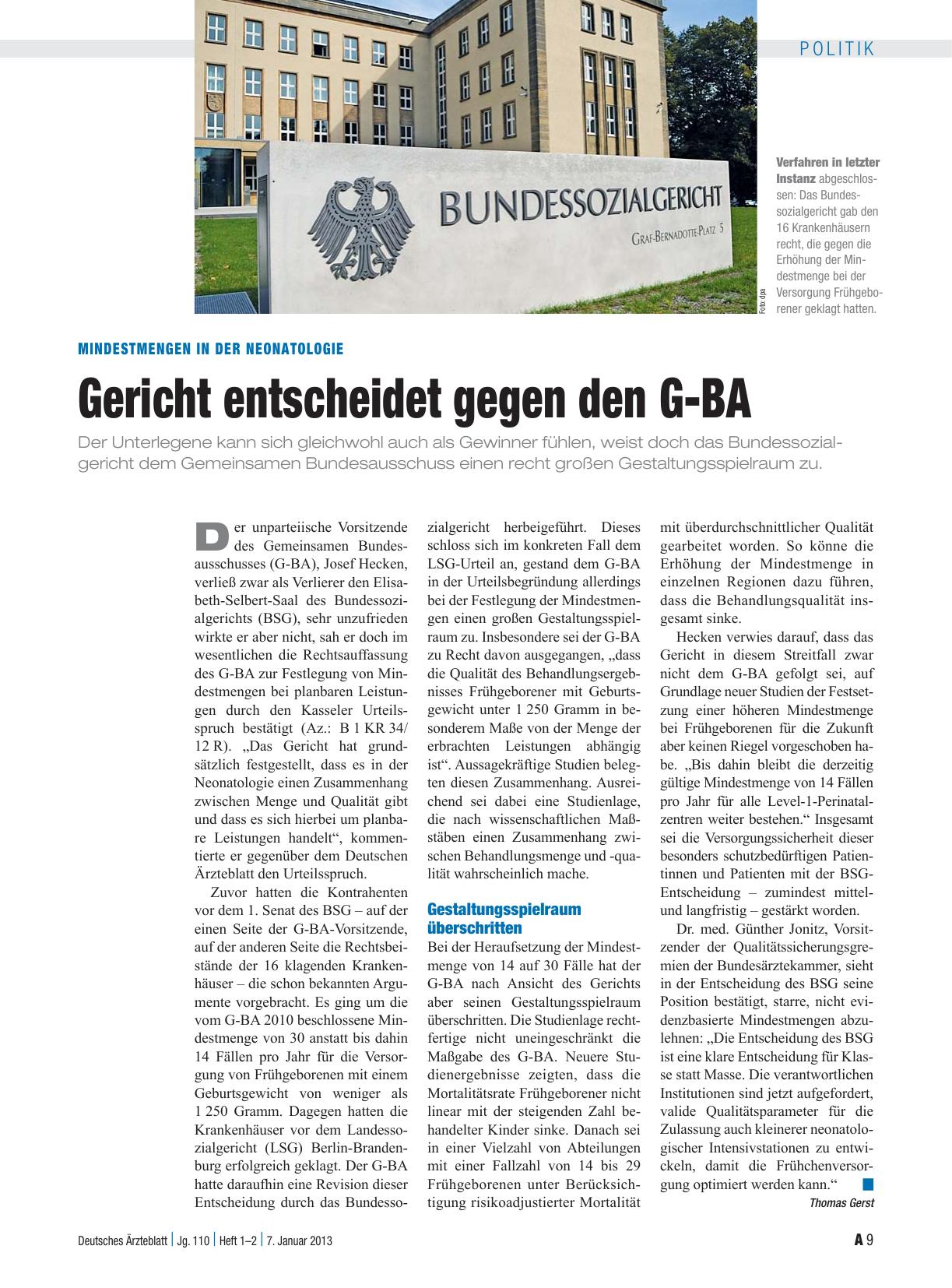Vorschauseite 1: Mindestmengen in der Neonatologie: Gericht entscheidet gegen den G-BA