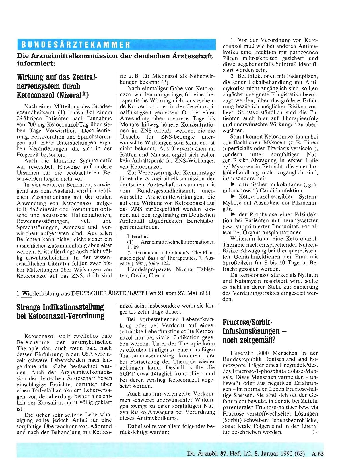 Vorschauseite 1: Die Arzneimittelkommission der deutschen Ärzteschaft informiert: Wirkung auf das Zentralnervensystem durch Ketoconazol (Nizoral®)