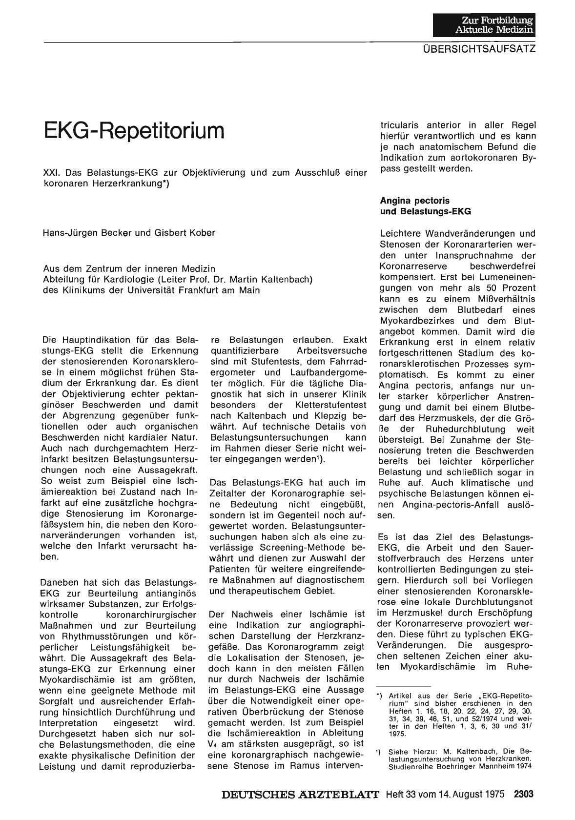 Vorschauseite 1: EKG-Repetitorium: XXI. Das Belastungs-EKG zur Objektivierung und zum Ausschluß einer koronaren Herzerkrankung*