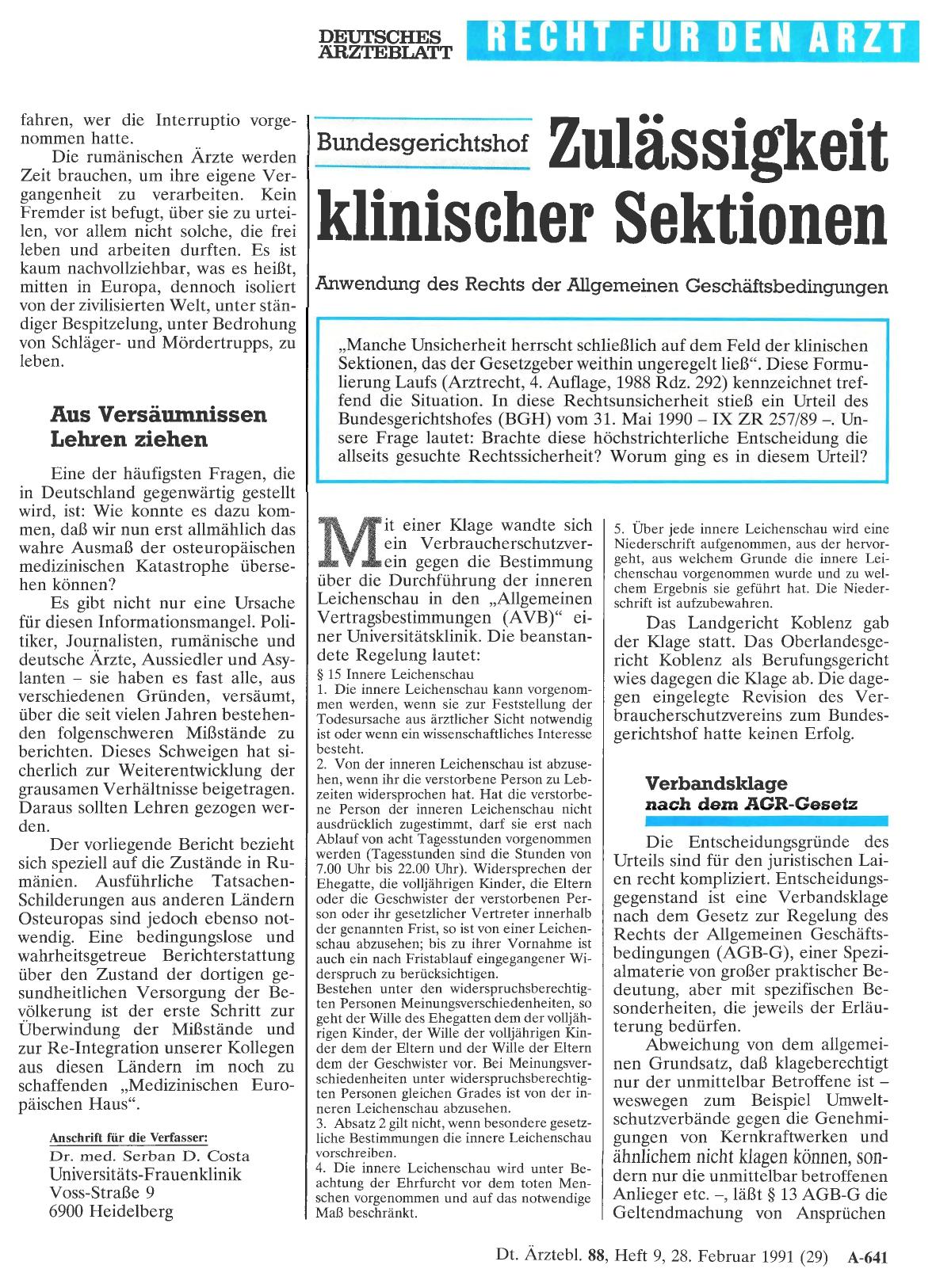 Vorschauseite 1: Bundesgerichtshof: Zulässigkeit klinischer Sektionen