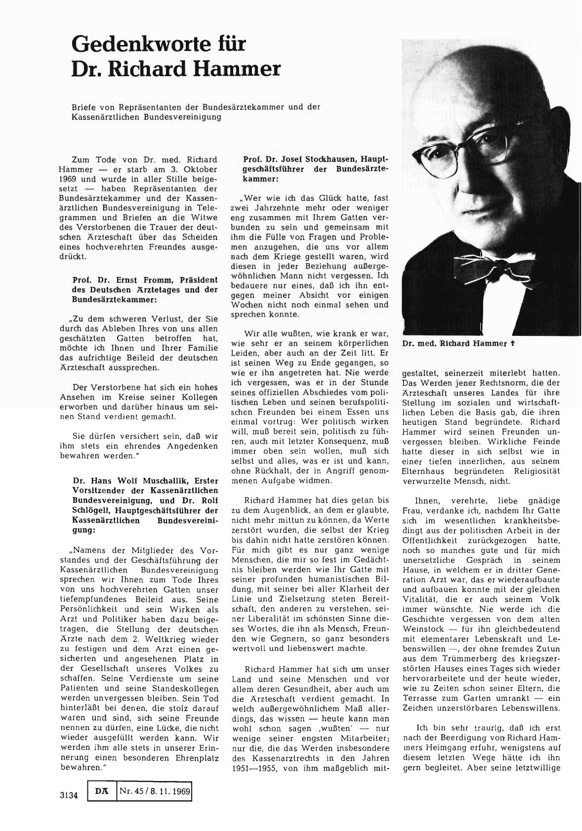 Vorschauseite 1: Gedenkworte für Dr. Richard Hammer — Briefe von Repräsentanten der Bundesärztekammer und der Kassenärztlichen Bundesvereinigung